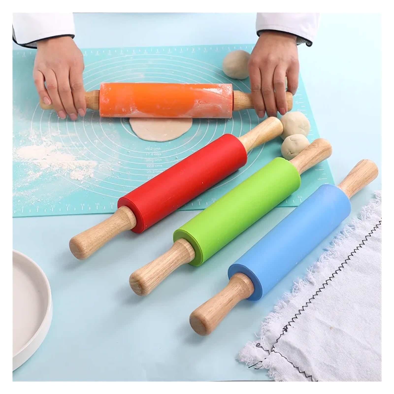 Mattarello antiaderente in silicone con manico in legno, for pasta sfoglia, farina, strumento da cucina for biscotti e(Blue,39x5cm)