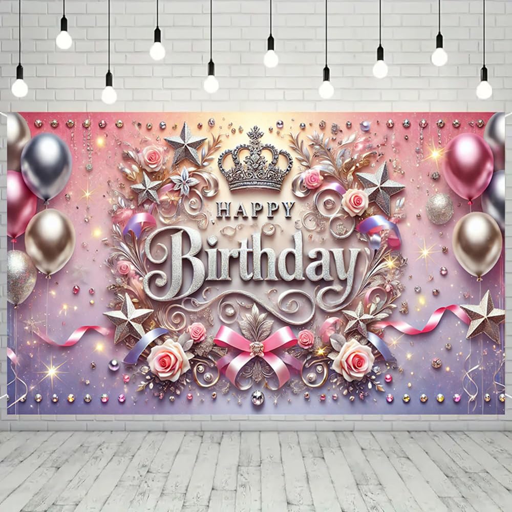 Happy Birthday Background Banner Silver and Pink Princess Theme Decoration Crown Roses and Stars 71x43 Inch Party Banner for Women Girls Birthday