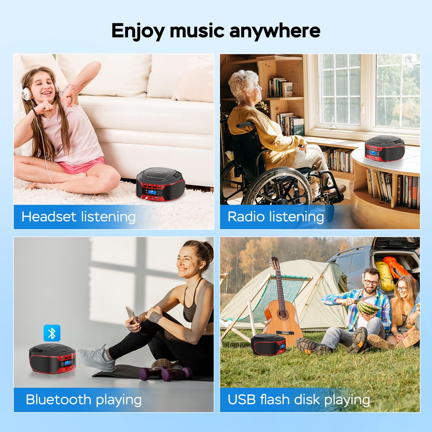 Lettore CD portatile Boombox con Bluetooth, AUX, USB, radio FM, jack per cuffie, uso domestico e esterno, alimentazione a batteria