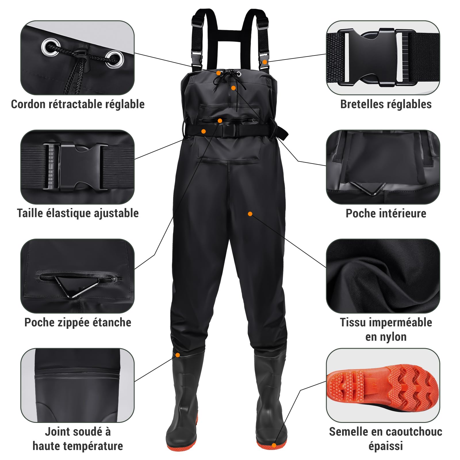 IEEILULU Waders Peche Homme, Waders Pantalons de Pêche avec Poche Poitrine, Pantalons de Waders Nylon avec Bottes 40-47, Waders Peche Antidérapants Cadeau pour Amateurs de Pêche e Sportive