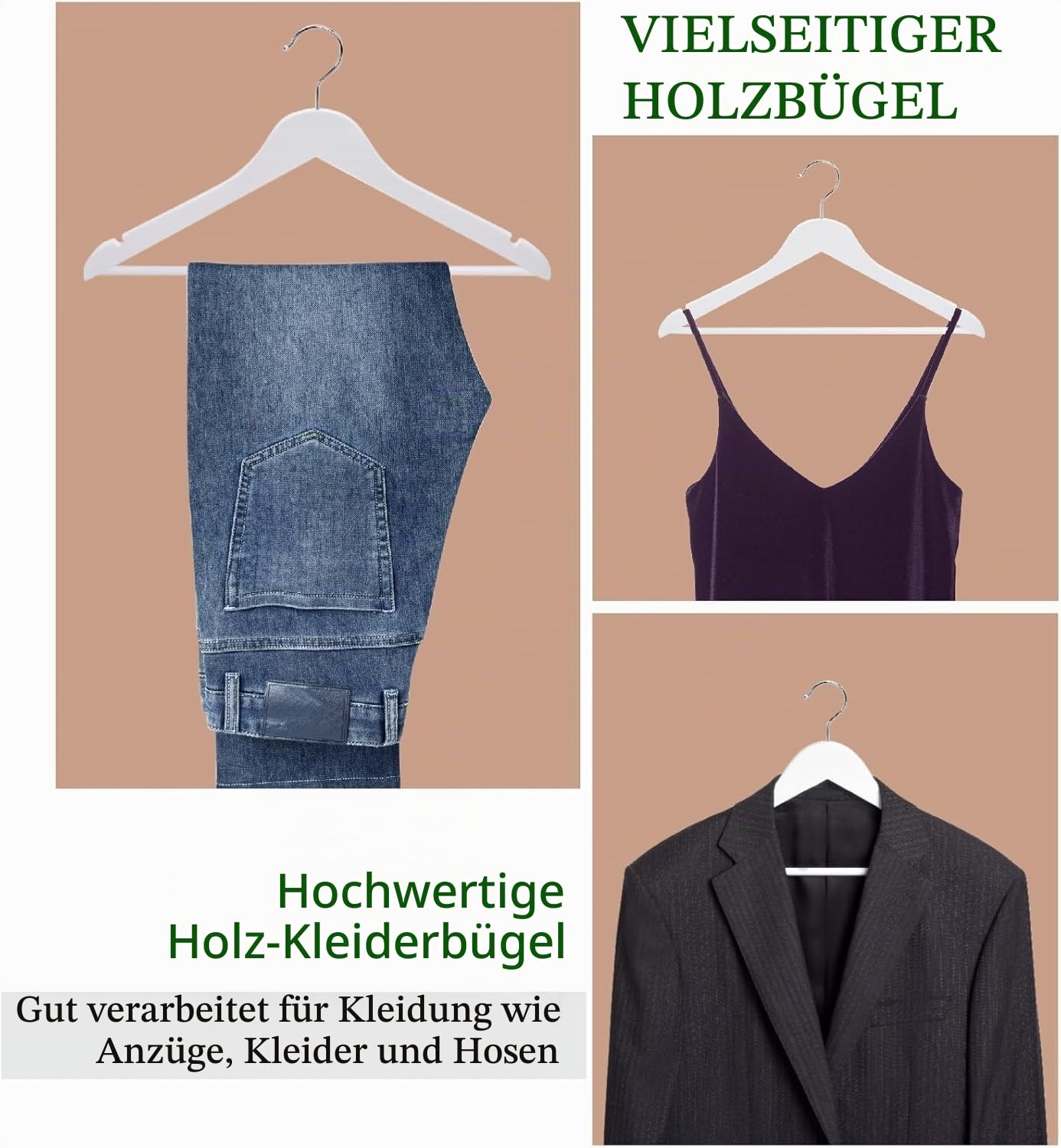 Amber Home 20 Stück 44,5cm Kleiderbügel aus Holz, Weiß | Rutschfest Stange für Hose, Aufhänger für T-Shirt, Hemd, Anzug, Mantel, Kleid, Trägertop