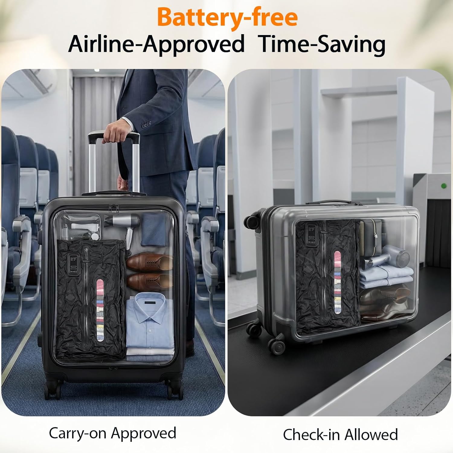 KXB Travel Vacuum Seal Bags with One-Button Suction, 34L Compression Packing Cubes for Carry-On Suitcase & Travel Backpack, Reusable IP67 Waterproof Vacuum Storage Kit for Luggage