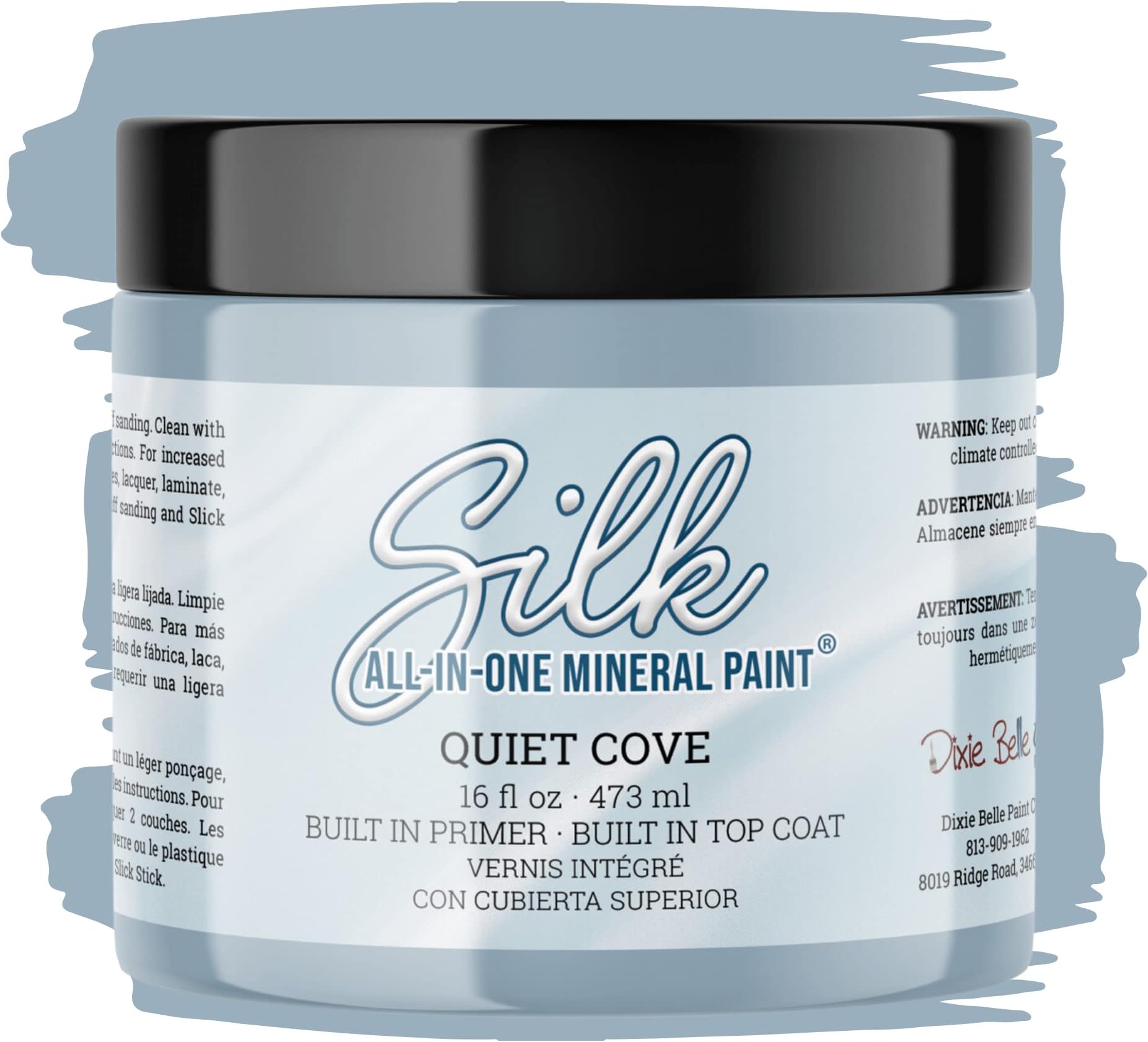 Dixie Belle Silk All-in-One Mineral Paint - Quiet Cove (16oz) - Blue-Gray Water Based Built-In Primer + Topcoat for Wood + Metal - Durable Furniture Paint - Low Reflective Finish - Made in the USA