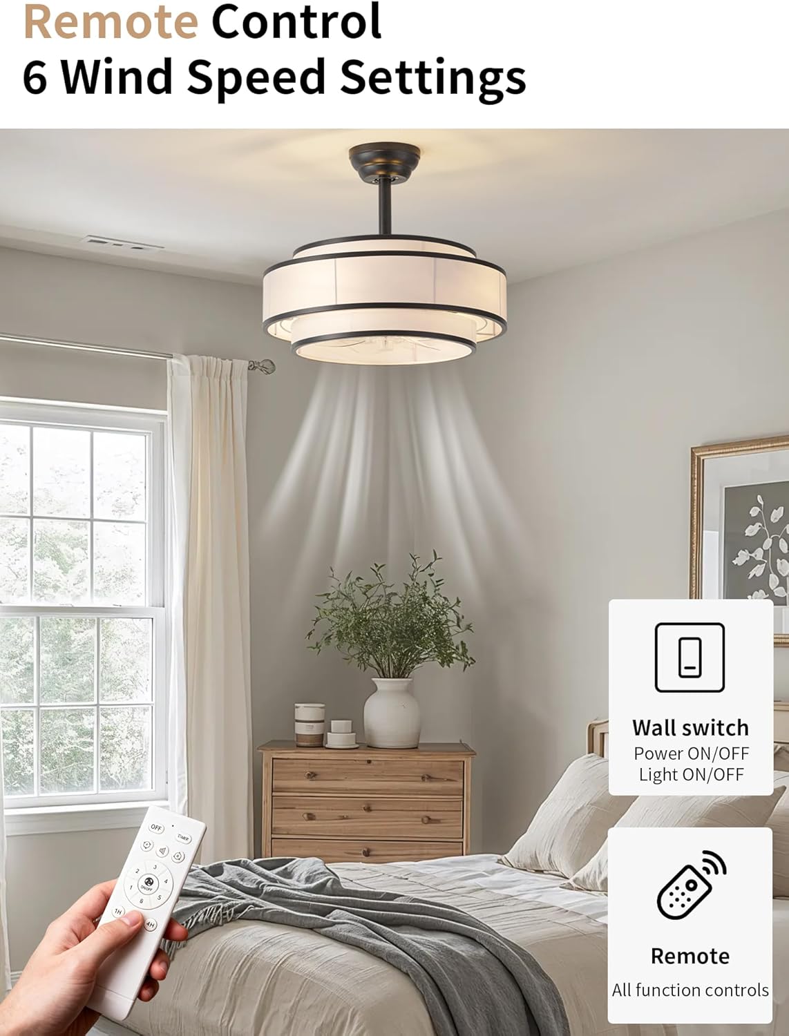 20" Caged Ceiling Fans with Lights and Remote, Fandelier Ceiling Fan with Light, Modern Bladeless Quiet Reversible Motor 6 Speeds for Bedroom, Nursery, Living Room, Black