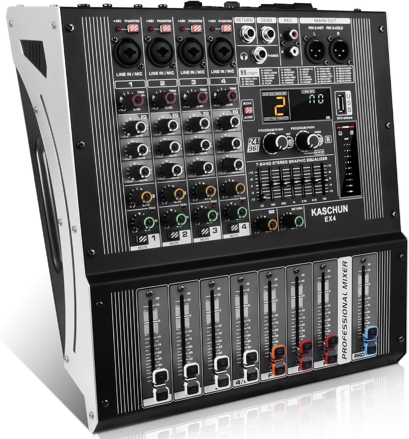 Professional Audio Mixer,4-channel audio interface mixer,99 bit DSP Reverb Sound,4 ohm 2 * 250 Watt Output +48V Bluetooth power amplifier studio,Audio Mixer,Concert party, Karaoke Studio（EX4)
