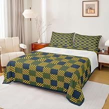 Vintage Green Yellow Blue Striped Plaid Bed Sheets Set Single Size Checkered Stripes Bed Set for Kids Boys Girls Buffalo Check Deep Pocket Fitted Sheet Geometric Breathable Soft Microfiber