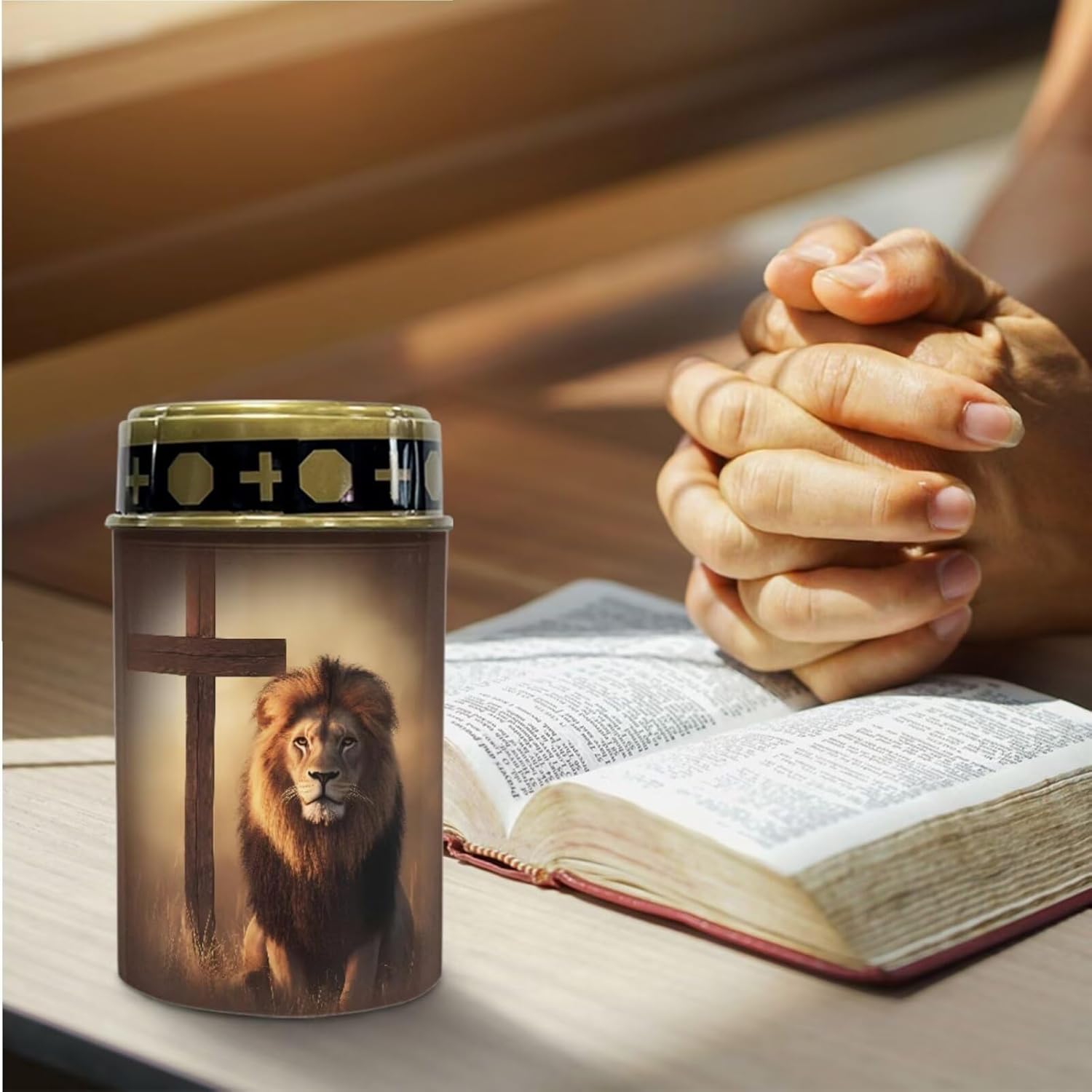 Merkmak 2 Pack Cemetery Solar Lights Decorative Pathway Lights Solar Powered Flameless Candle for Grave Lion Cross Eternal Lamp for Remembrance Gifts