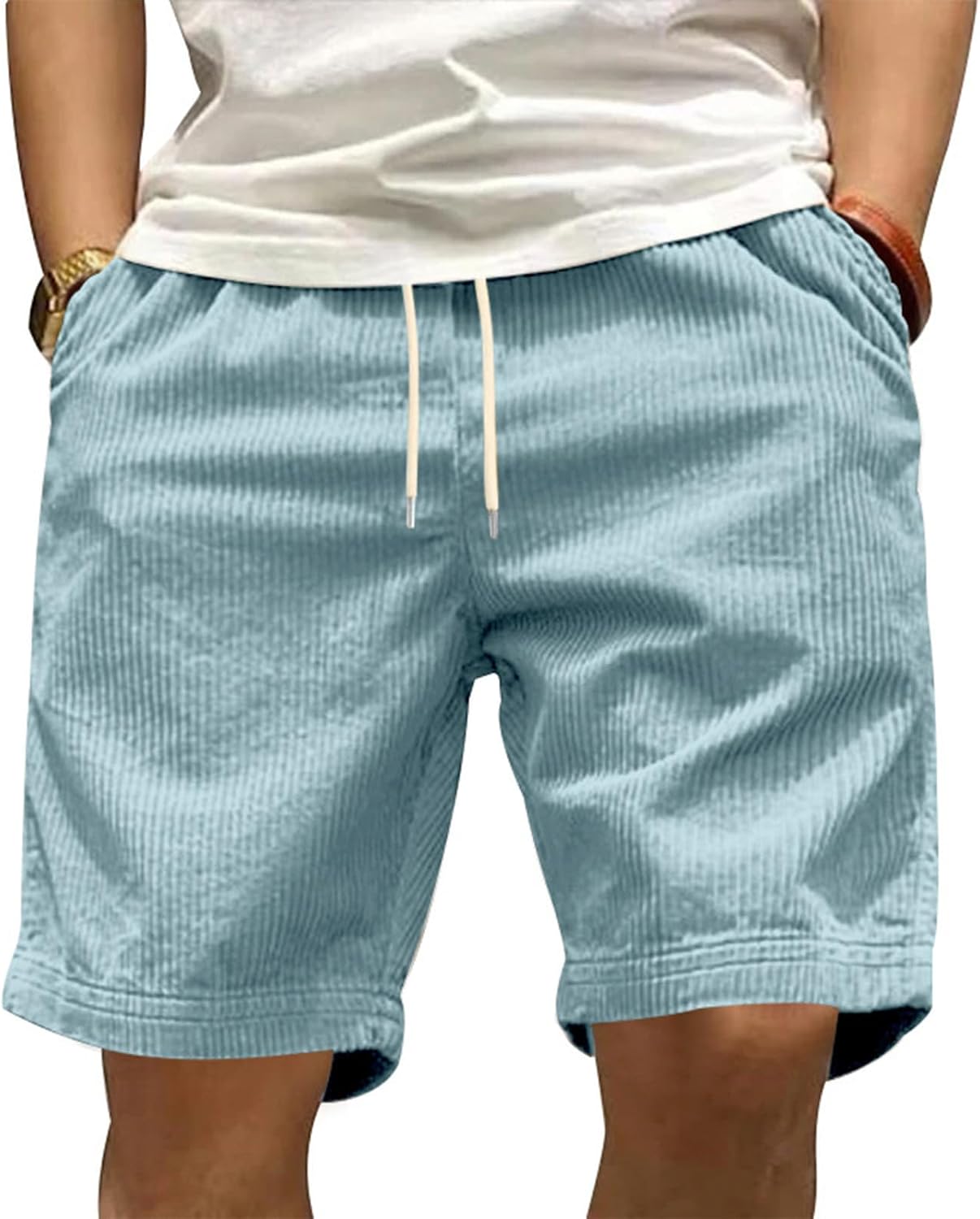 Corduroy Shorts for Men Lightweight Summer Casual Classic Solid Color Drawstring Waisted Bermuda Shorts with Pockets