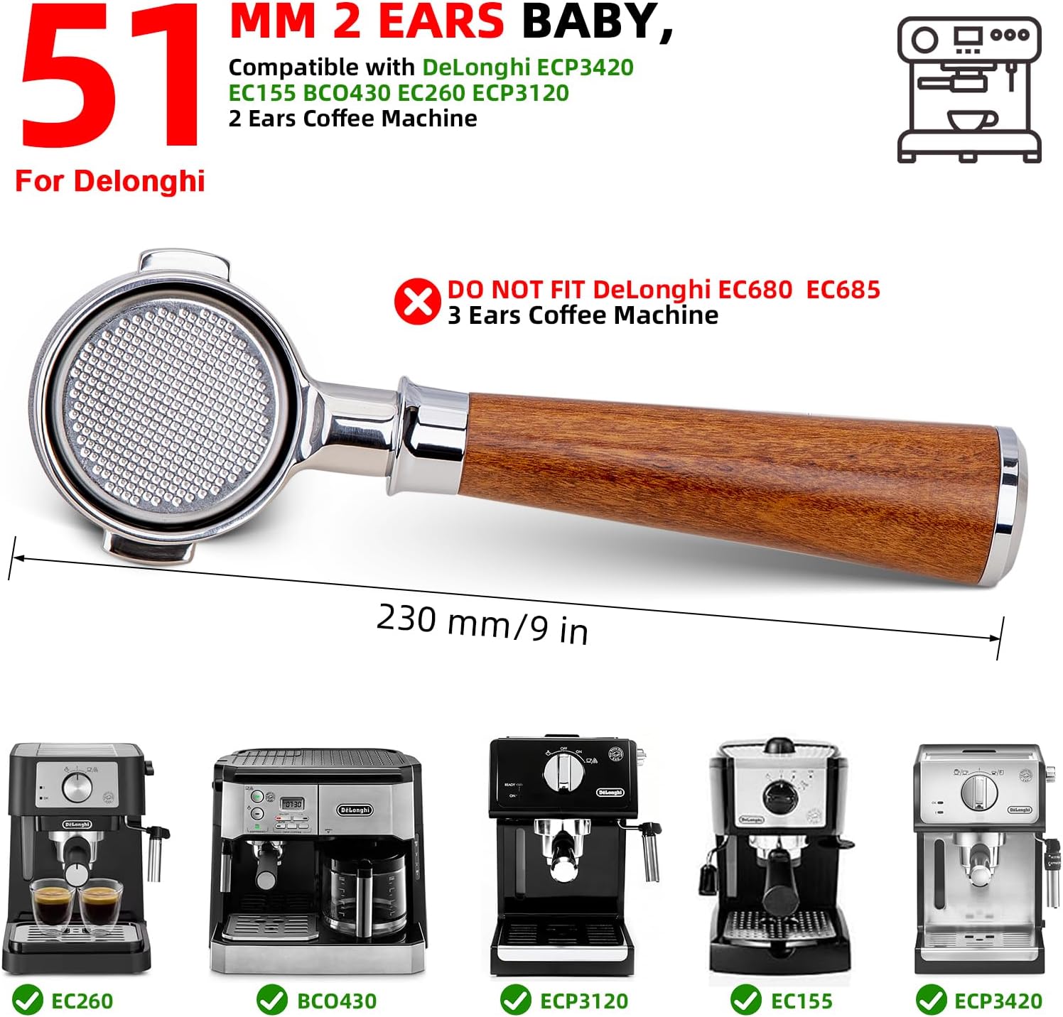 51mm Bottomless Portafilter 2 Ears for Delonghi ECP3420/EC155/BCO430/EC260,Natural Wood WDT Espresso Stirrer Tool Espresso Distribution Tools