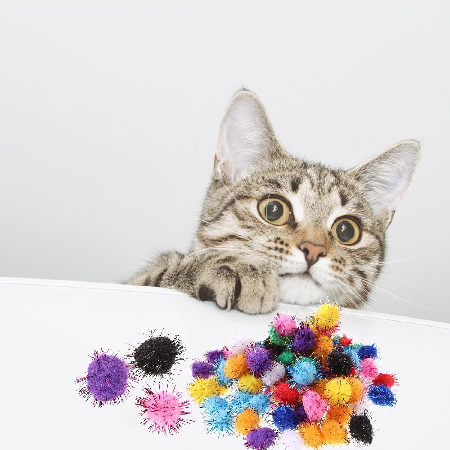TEHAUX 100pcs Sparkle Pom Pom Balls for Cat, 20mm Cat Toy Ball Soft Pom Pom Balls for Kittens Cat Plush Toy Balls Fluffy Balls Chase Glitter Ball Toy Interactive Cat Toy Ball