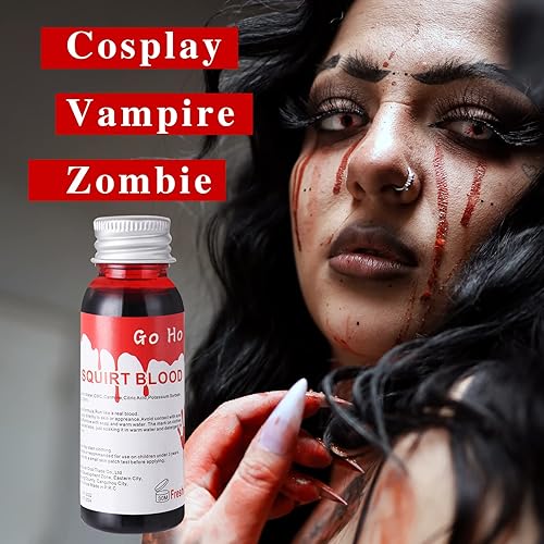 Miniatura 37 de Go Ho Maquillaje de sangre falsa que gotea (0.35 onzas), sangre falsa lavable para heridas de cicatriz, flujo de sangre falsa de fácil secado