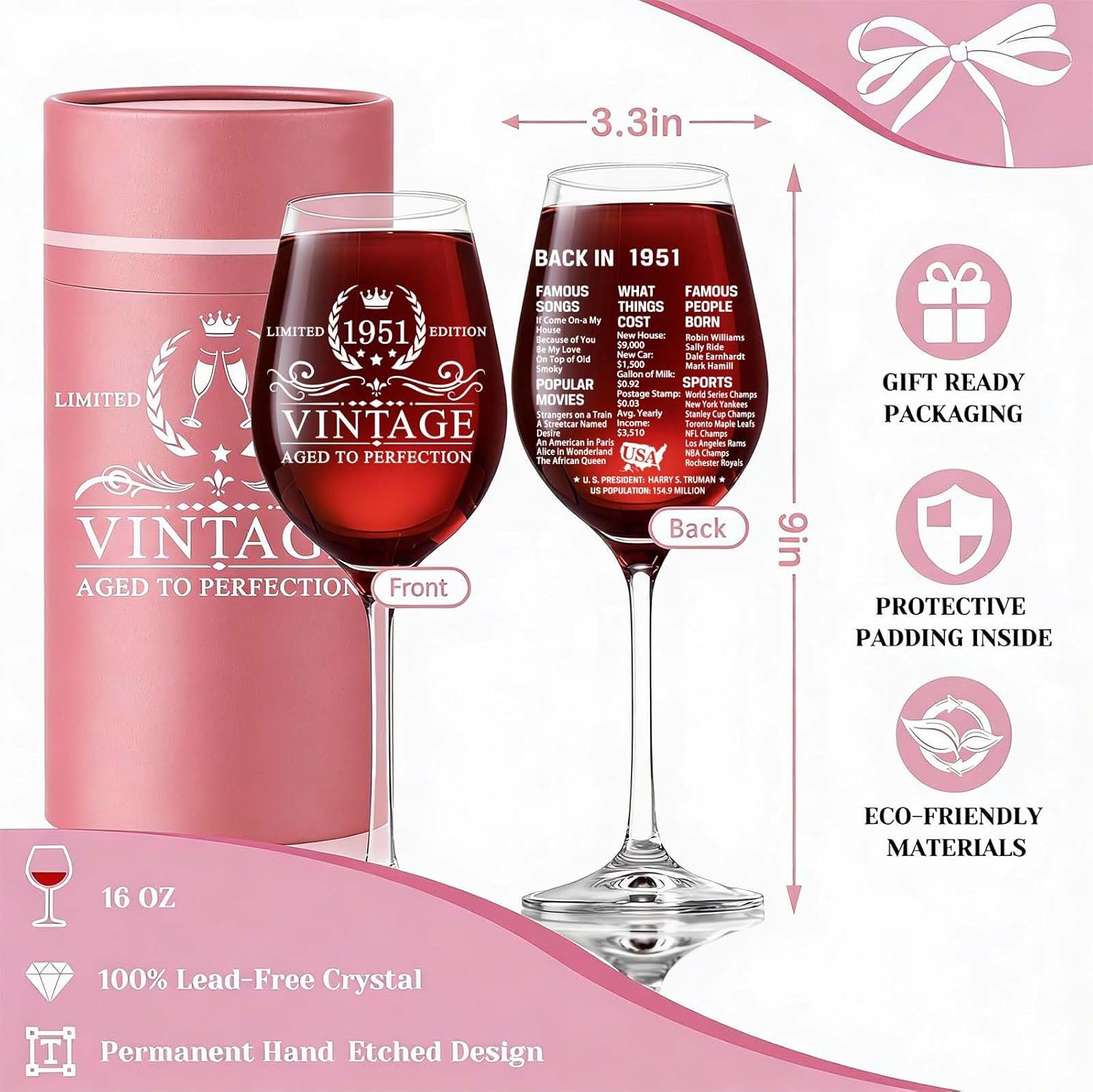 75th Birthday Gifts for Women, 1951 Vintage 18 oz Stemmed Wine Glass, Back in 1951 Old Time Information, 75th Brithday Gifts for Her, 75 Year Old Birthday Decorations for Female, Gift for Women 75s - Image 2