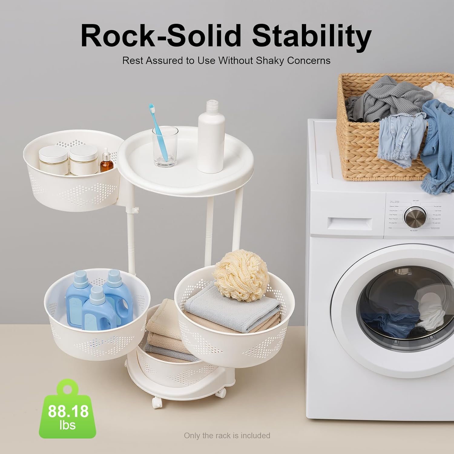 Bepritm Rotating Kitchen Storage Rack, Plastic Rotating Fruit Basket with Wheels, Multi-Layer Revolving Basket Kitchen Shelf for Home Kitchen Bathroom Salon (4-Layer)