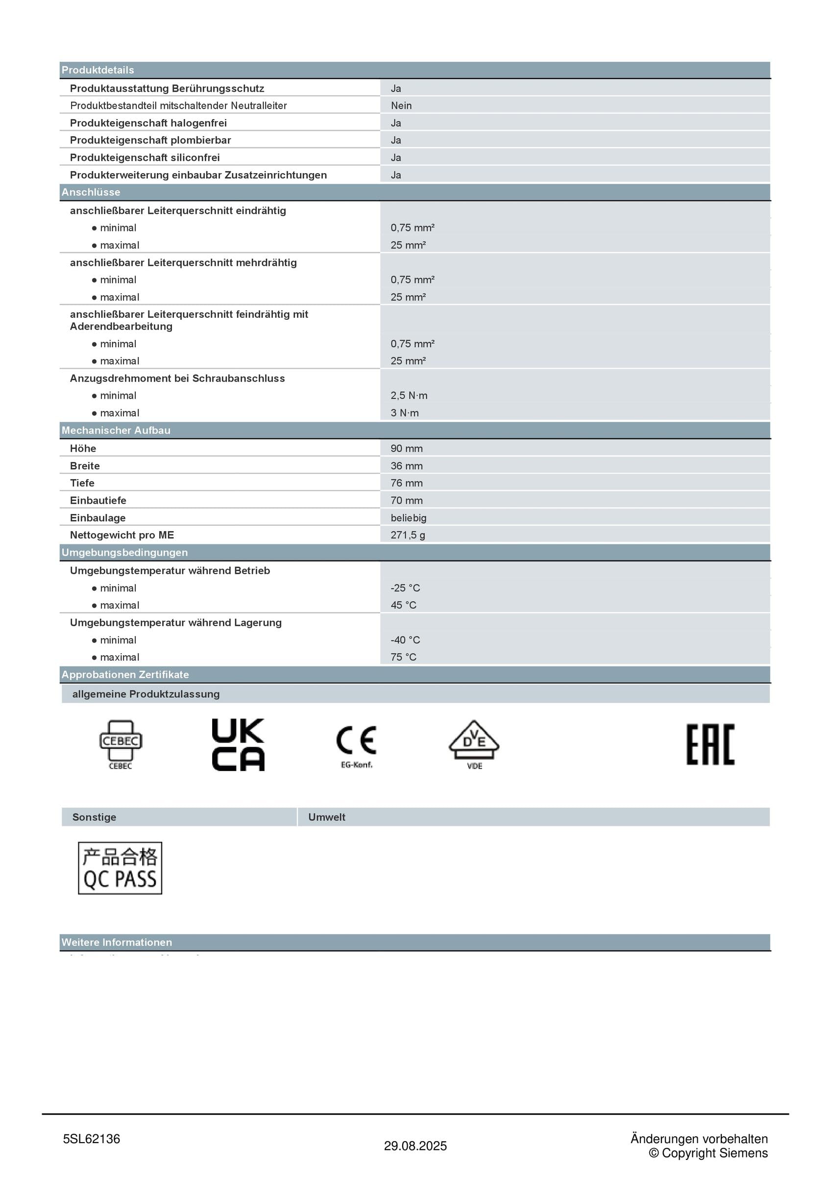 SIEMENS 5SL6 MCB wyłącznik nadprądowy typ B, 2-biegunowy 13 A 400 V SENTRON montaż na szynie DIN