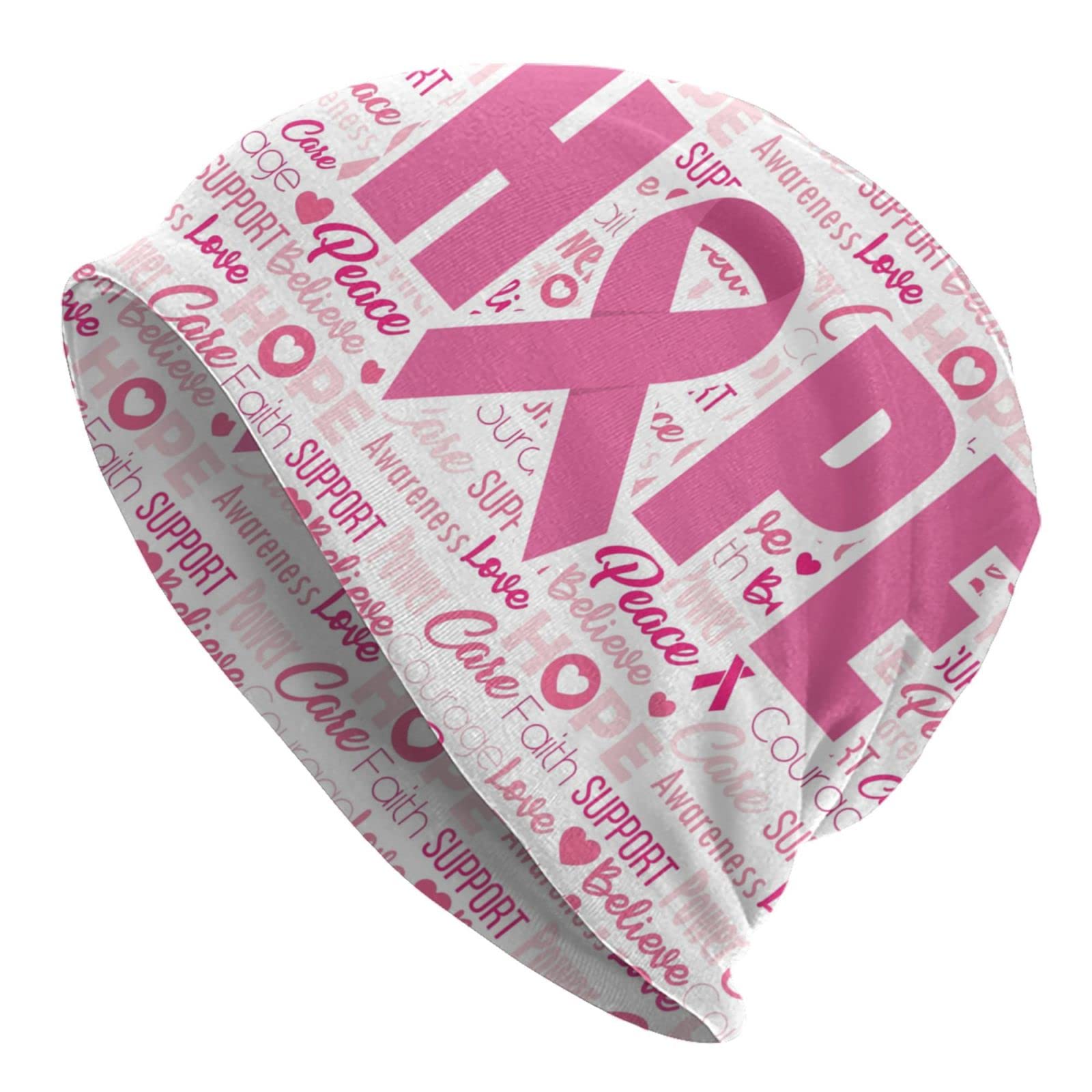 Breast Cancer Awareness Pink Ribbon Hope Beanie Chemo Hat Cancer Headwear Knitted Hats Baggy Slouchy Scarf Cap for Adults Women Men