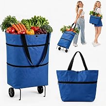 Foldable Shopping Bag with Wheels, 2-in-1 Foldable Shopping Cart, Ultra-Light 0.88 lbs Waterproof Oxford Rolling Tote