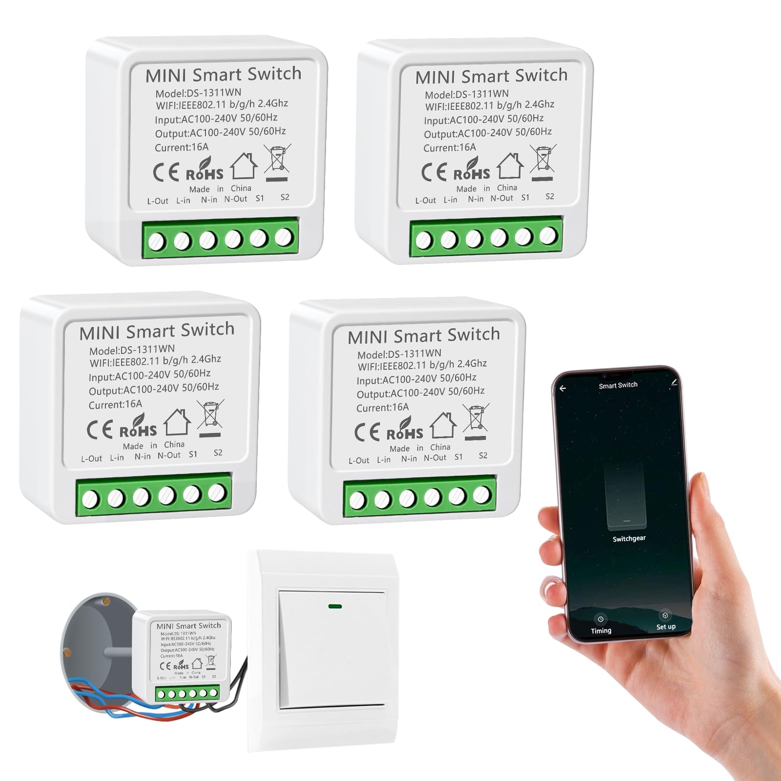 4PC Interruptor de Luz Inteligente WIFI, Alexa Interruptor Inteligente Módulo, Mini Smart Switch WIFI Compatible con Alexa,Tuya y Smart Life, Requiere Conductor Neutro