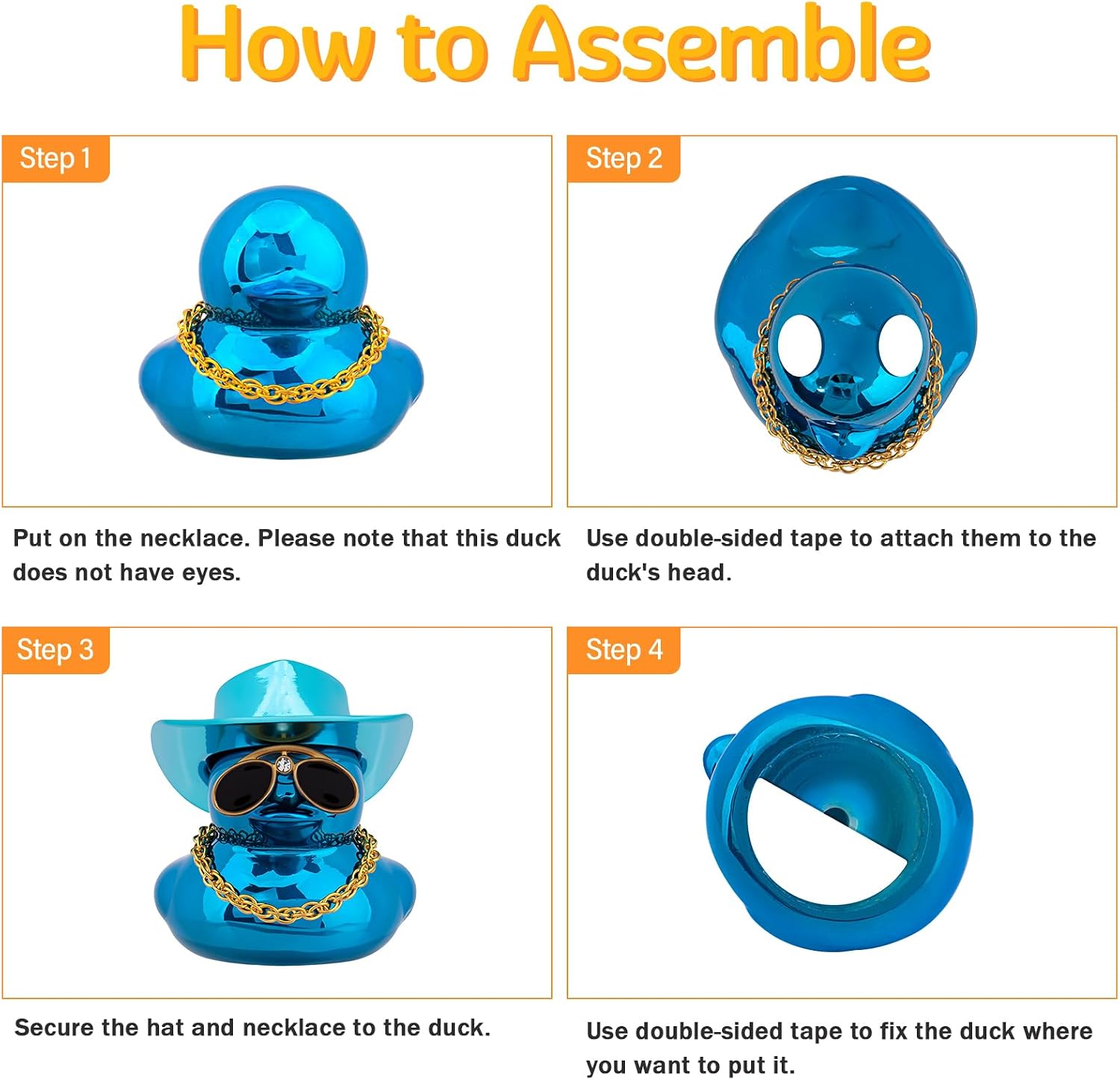 wonuu Car Dashboard Decoration Metallic Cowboy Duck, Shiny Ducky Car Accessories Ornament with Cowboy Hat, Sunglasses, Gold Chain (Blue)