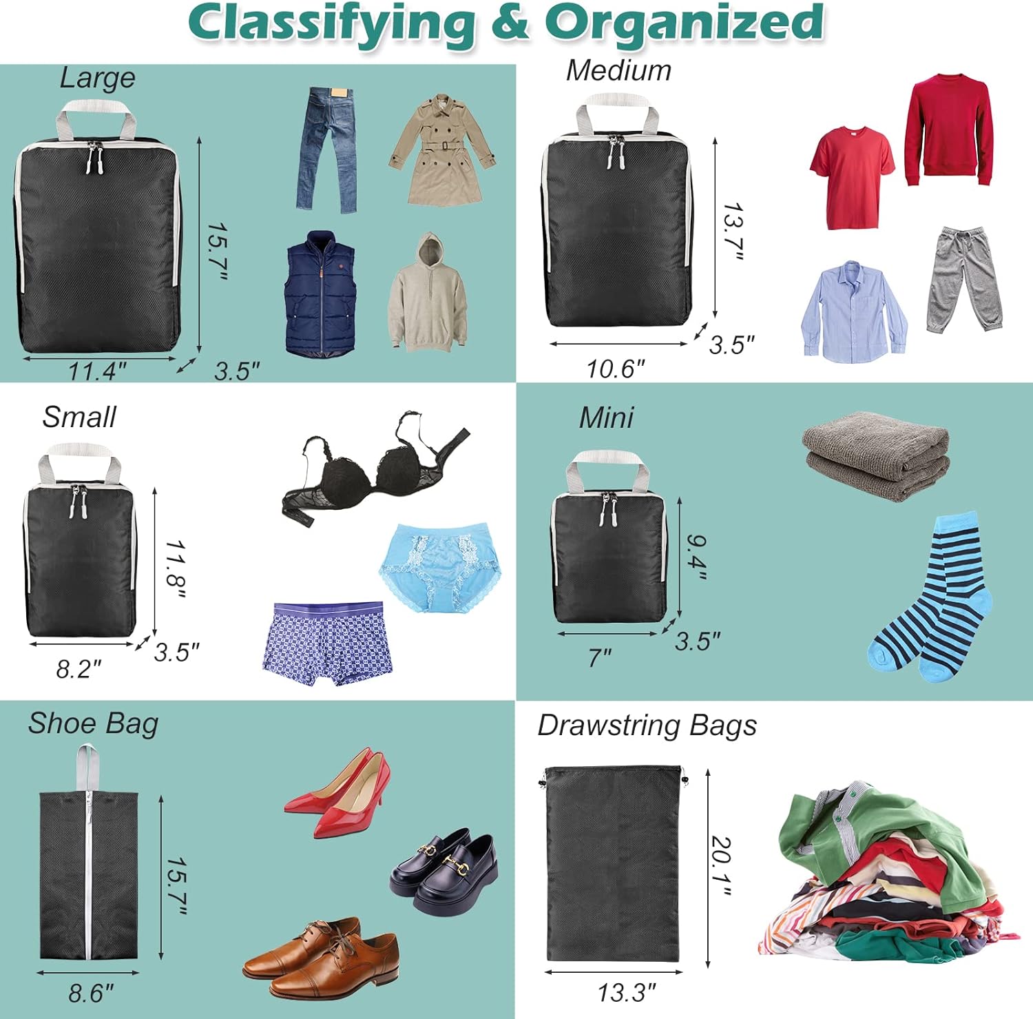 Achort Organizer Valigia Kit Viaggio 6 Pezzi Organizer Viaggio Accessori Viaggio, Organizer Valigia Set Viaggio Borse per Biancheria Intima Calzature Vestiti Tessuto Impermeabile per il Viaggia (Nero) - Immagine 3