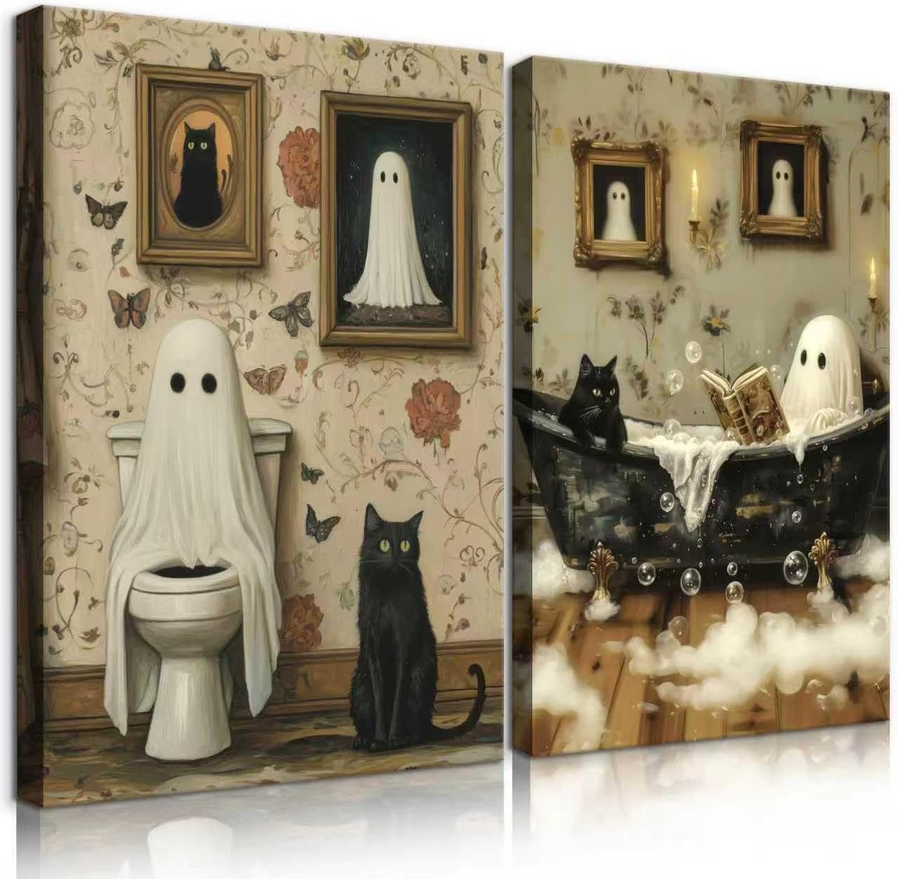 2pcs Funny Ghost Bathroom Wall Art Spooky Ghost on Toilet Wall Decor Gothic specter and Cute Black Cat Canvas Poster Dark Academia specter Painting Prints for Toilet Dorm Halloween Decor12x16In Canvas