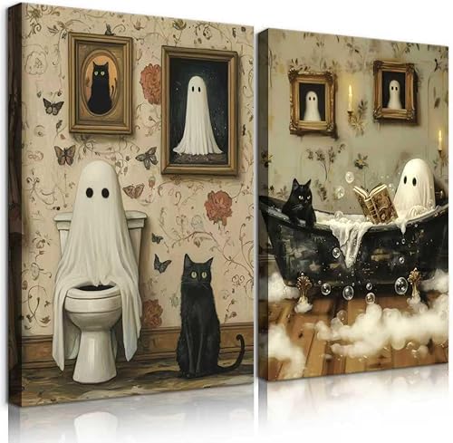 2 piezas divertidas de fantasmas para baño, arte de pared de fantasma espeluznante en el inodoro, decoración de pared de espectro gótico y lindo