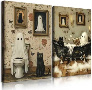 2pcs Funny Ghost Bathroom Wall Art Spooky Ghost on Toilet Wall Decor Gothic specter and Cute Black Cat Canvas Poster Dark Academia specter Painting Prints for Toilet Dorm Halloween Decor 8x10In Canvas
