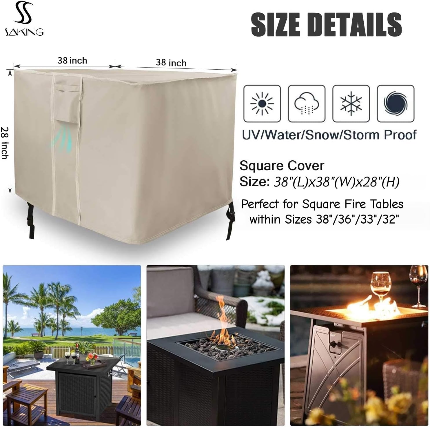 Saking Fire Pit Cover 38 Inch, Waterproof Heavy Duty 600D Square Firepit Covers Gas Fireplace Fire Pit Table Cover for Propane Fire Pit - 38 x 38 x 28 Inch (Beige)