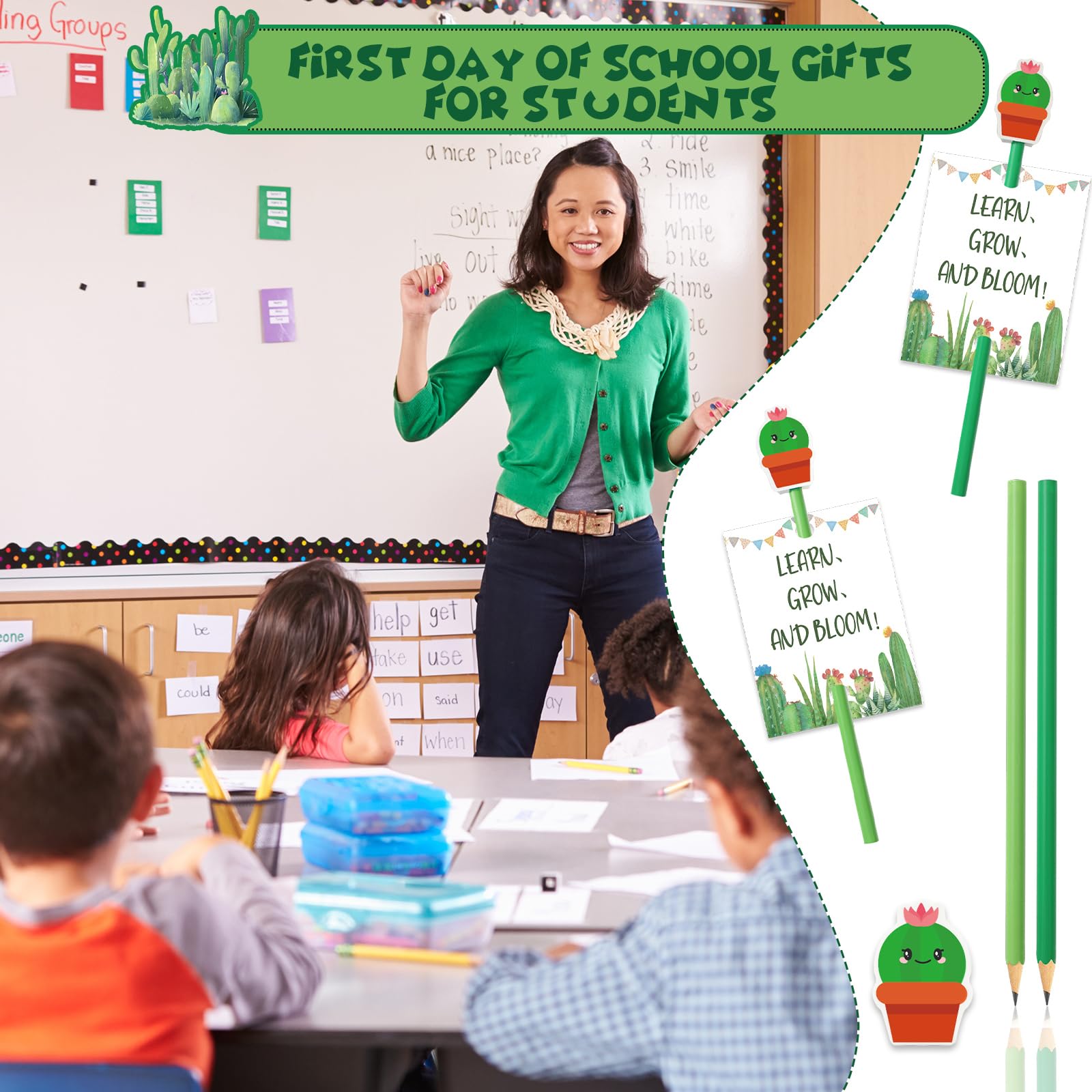FYSUIMU 50 juegos de lápices de cactus con gomas de borrar y tarjetas, bonitos lápices de escritura de cactus en maceta, regalos de regreso a clases, oficina, papelería, recuerdos de fiesta