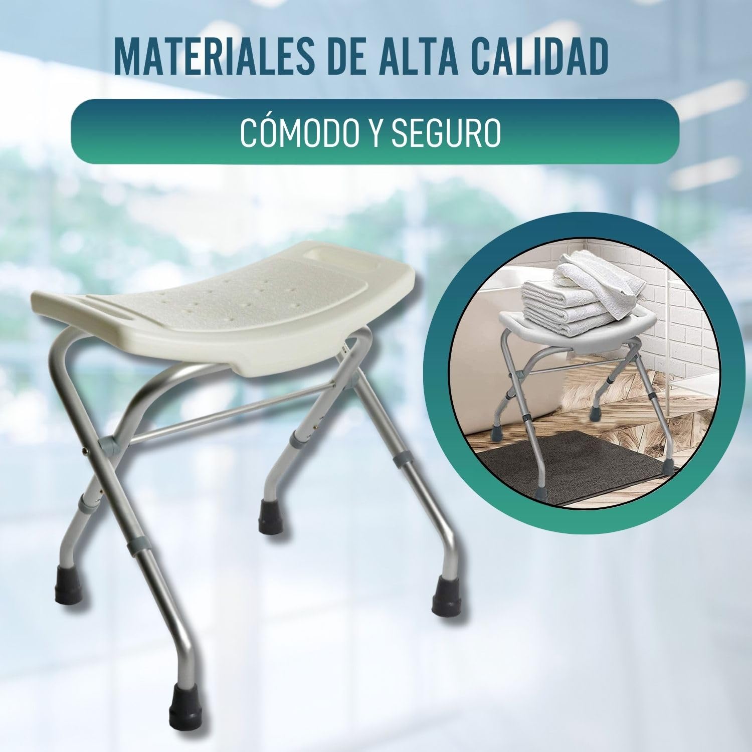 OrtoPrime Taburete Baño Plegable - Silla para Ducha Ortopédica - Asiento Bañera Portátil - Banqueta Antideslizante - Taburete de Ducha para Ancianos o discapacitados - Banco de Ducha