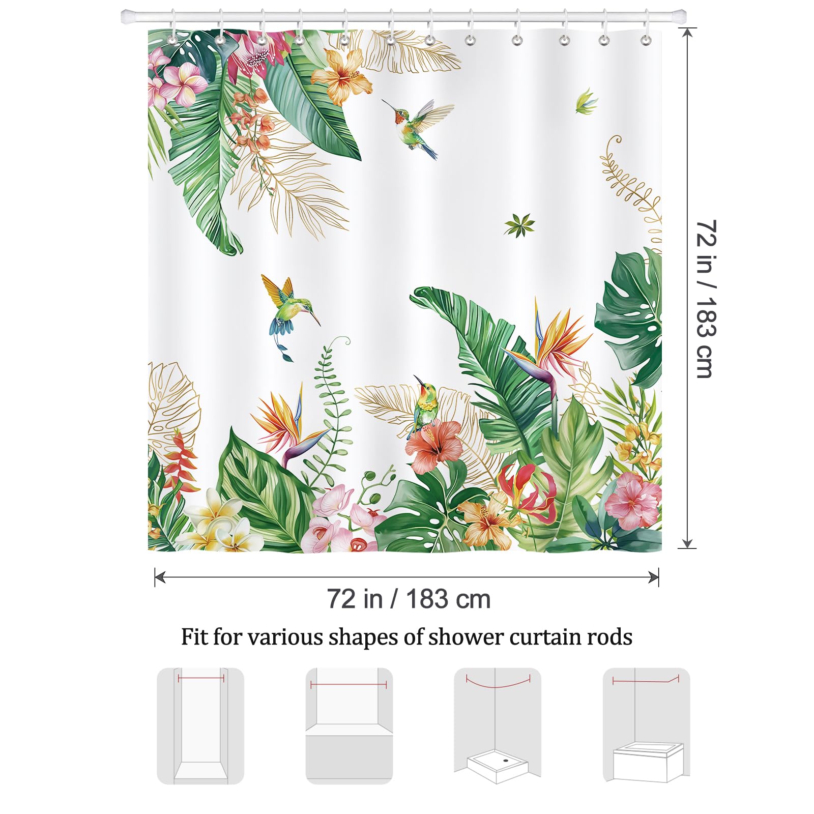 Bonhause Rideau de Douche Feuilles Fleur de Tropical Colibri Rideau de Bain Tissu Polyester Anti Moisissure Imperméable Lavable Rideaux Salle de Bain 180 x 180 cm avec 12 Crochets pour Baignoire