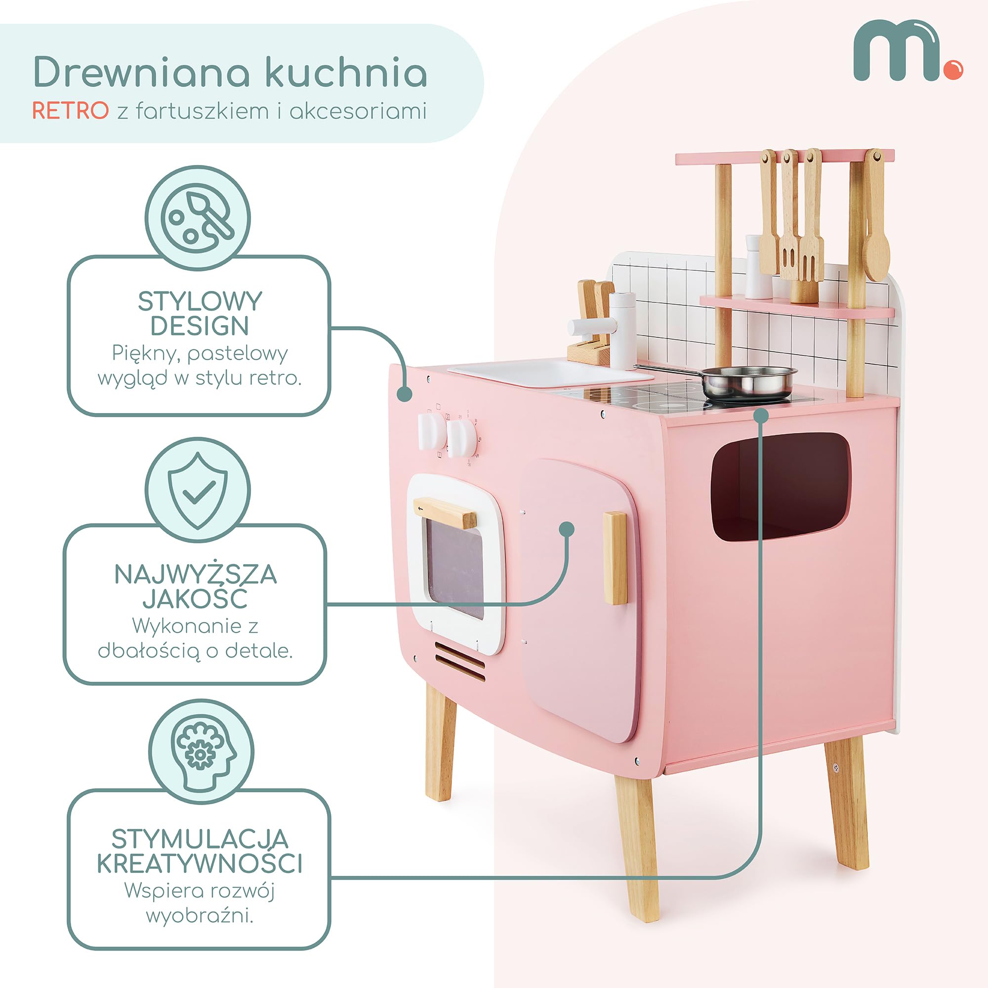 Mamabrum Drewniana Kuchnia dla Dzieci w Stylu Retro z Fartuszkiem, Garnkami i Akcesoriami, Zabawkowa do Zabawy, Pastelowy Róż