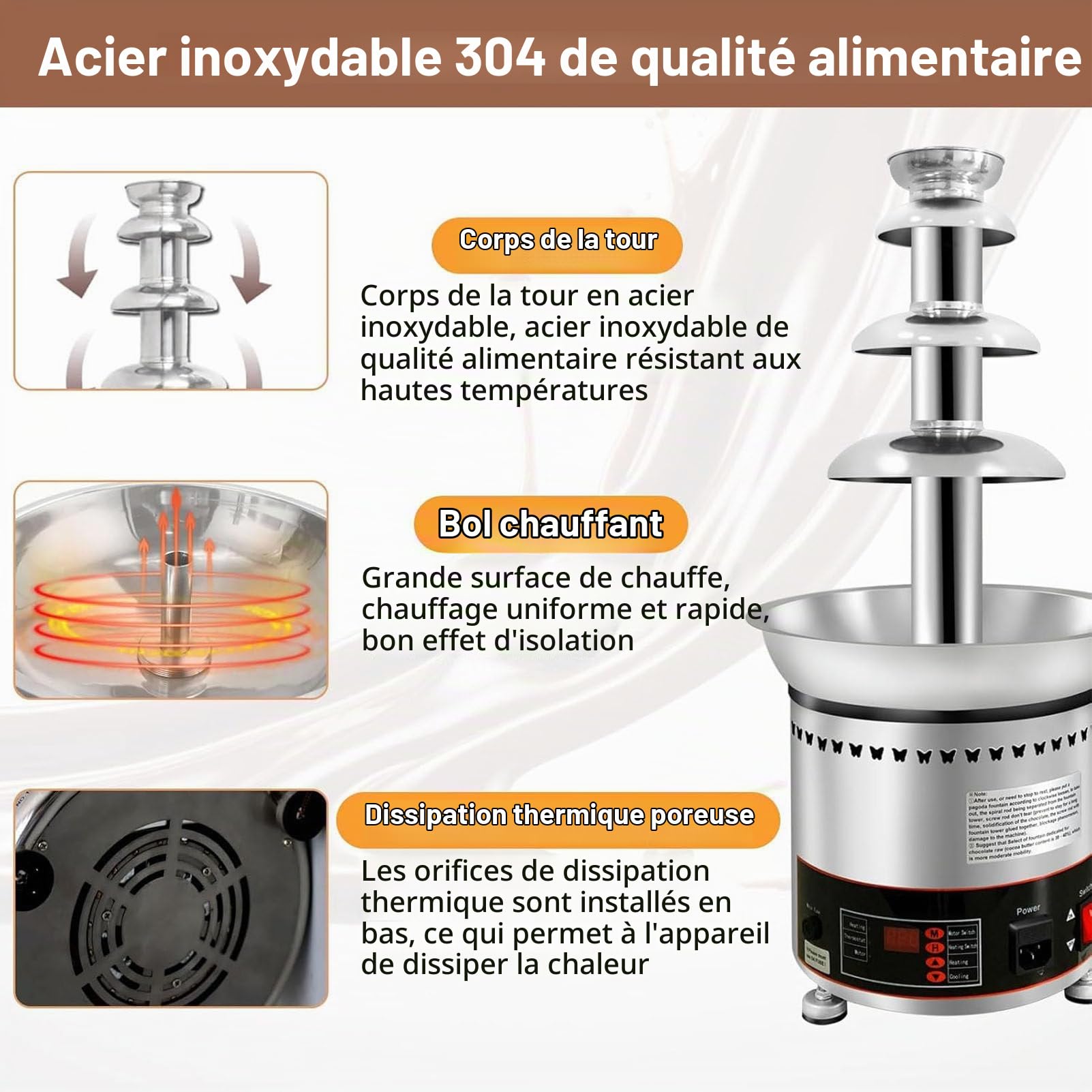Machine à Fondue au Chocolat Professionnelle avec température réglable, Fait Fondre Chocolat, Bonbons, Beurre, Fromage, idéale pour Les fêtes, Mariages et Anniversaires. 6layers