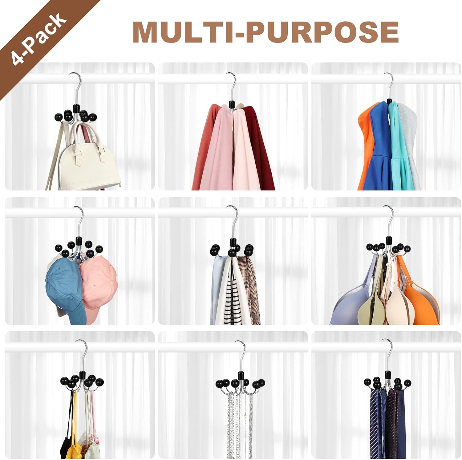 TOPIA HANGER Hoodie Hangers 4-Pack with 6 Wood Balls, 360°Swivel Purse Hanger, Scarf Hanger, Closet Hooks, Handbag Organizer, Bra Hanger, Accessory Organizers for Scarf, Tanktop, Hat, Hoodie CT57B