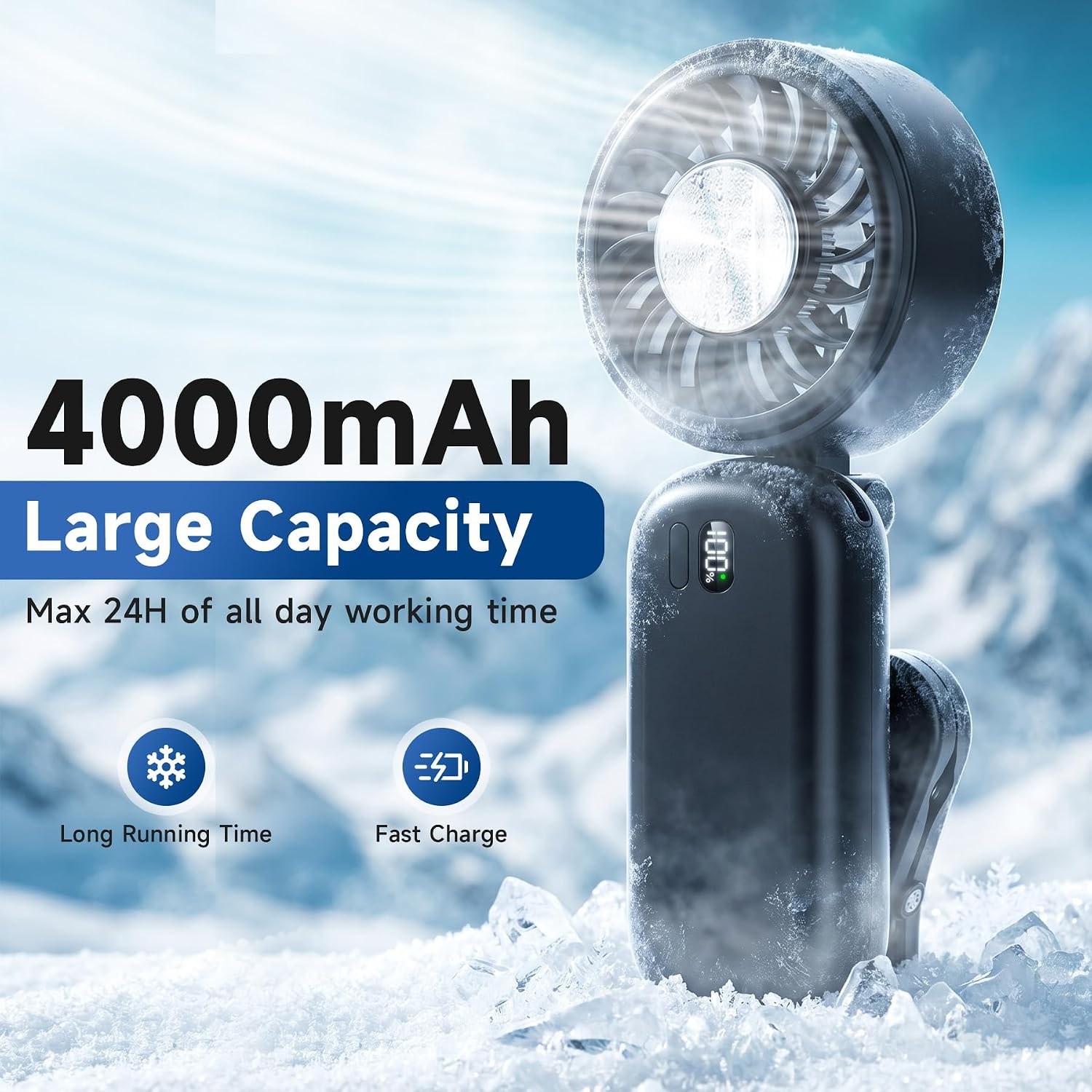 Portable Handheld Turbo Fan with Ice Cooler, Clip-On Mini Fan for Umbrella, 5 Speeds, 4000mAh Battery & Up to12H, LED Display, Rechargeable, Gift for women, Summer Travel Essential (Black) image 3