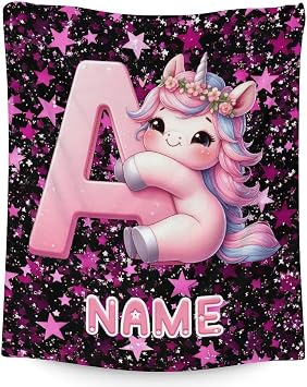 Custom Girls Blanket, Personalized Unicorn Blanket for Girls 6-8, Fuzzy Cozy Soft Flannel Monogram Throws, Initial Throw for Sofa Office Trip Chair