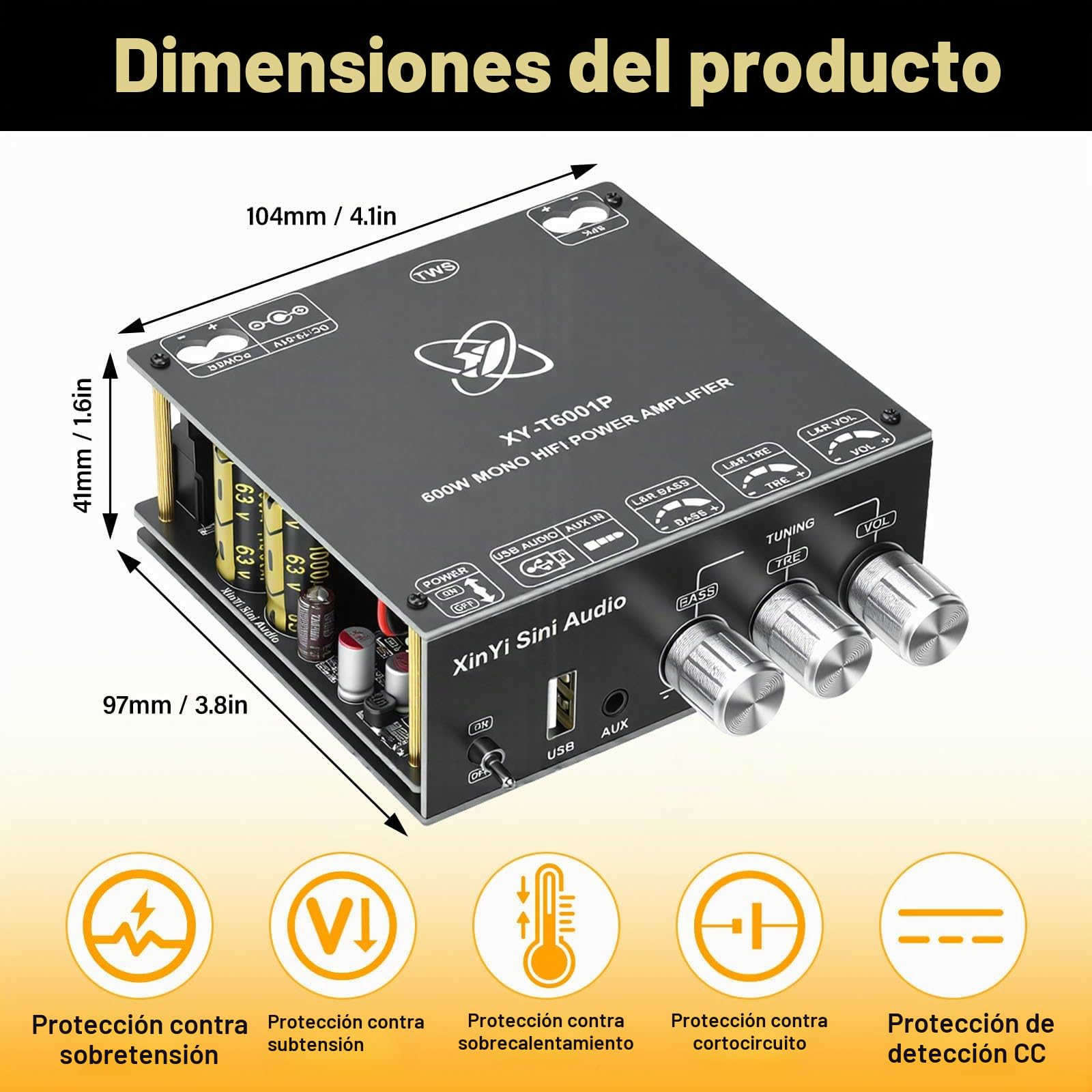 Módulo Amplificador Audio Mini Bluetooth 5.0, Amplificador HiFi Digital Mono Amplificador Clase D Subwoofer 600W con TI TDA3255 y TWS, AAC/SBC, DC 19-51V/10A, BT 5.0/USB/AUX