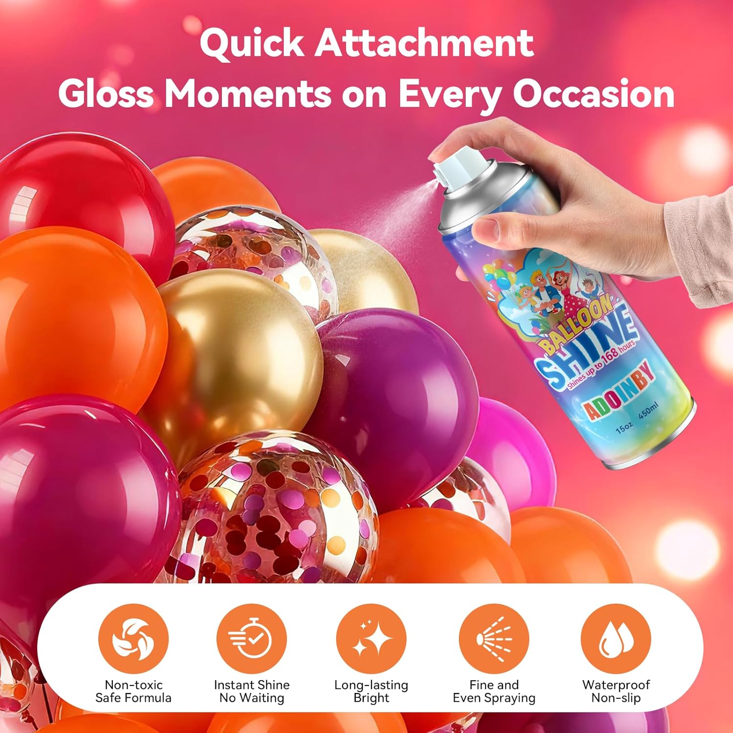 Balloon Shine Spray, 15 fl.oz Long Lasting Instant High Shine Balloon Spray for Latex Balloons, Fragrance-free, Waterproof, No-Wipe Design for Birthday Anniversary Baby Shower Party Decoration - Image 4