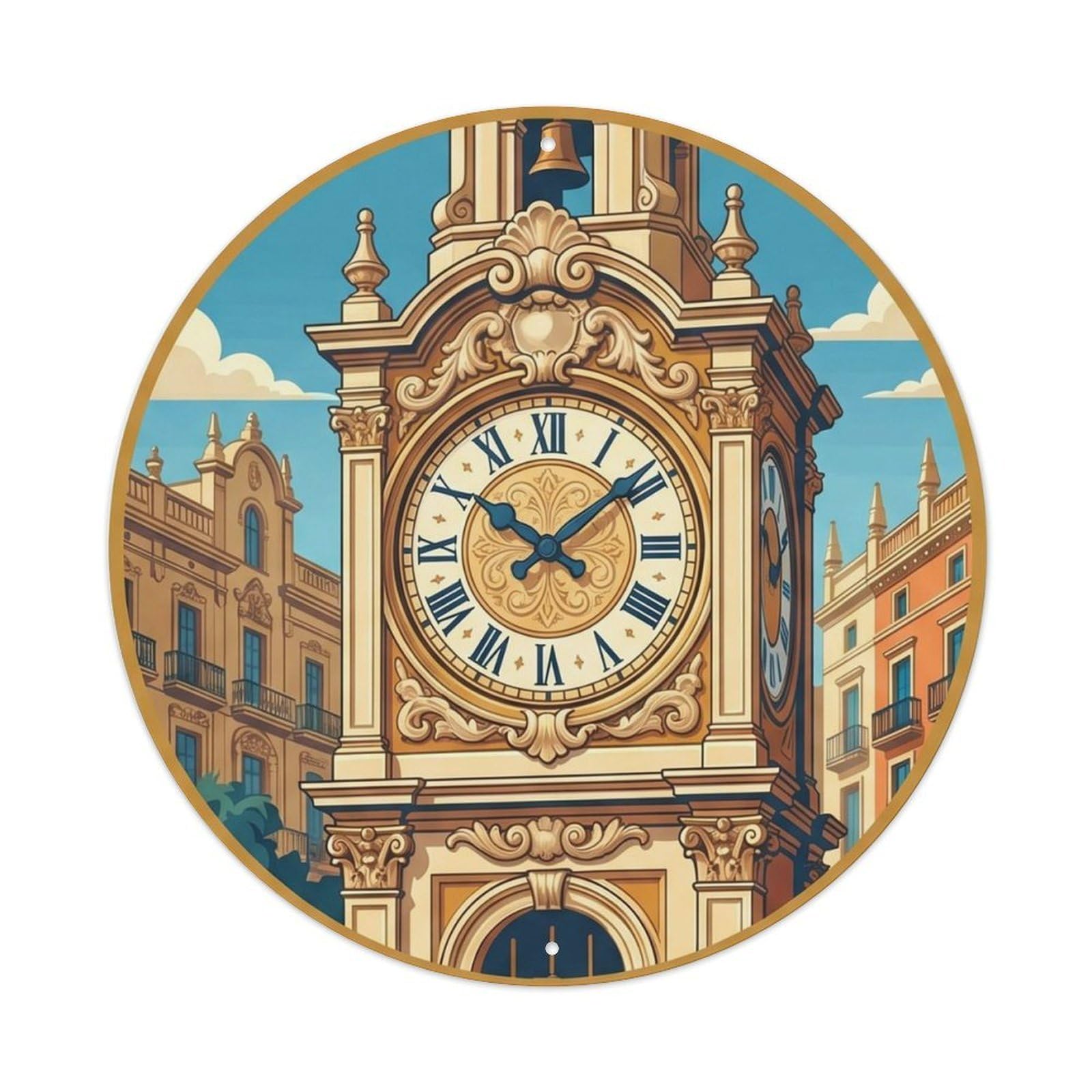 Classic Barcelona Cityscape Clock Tower Travel Heritage Metal Tin Sign Plaque Wall Decor for Cafe, Man Cave, Club Bar, Office, Home Garden Round Metal Poster 8x8Inch