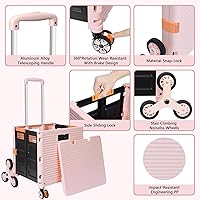 Vista 128 de FELICON SELORSS - Carrito plegable portátil con ruedas para subir escaleras y ruedas giratorias de 360°, mango telescópico, caja de plástico