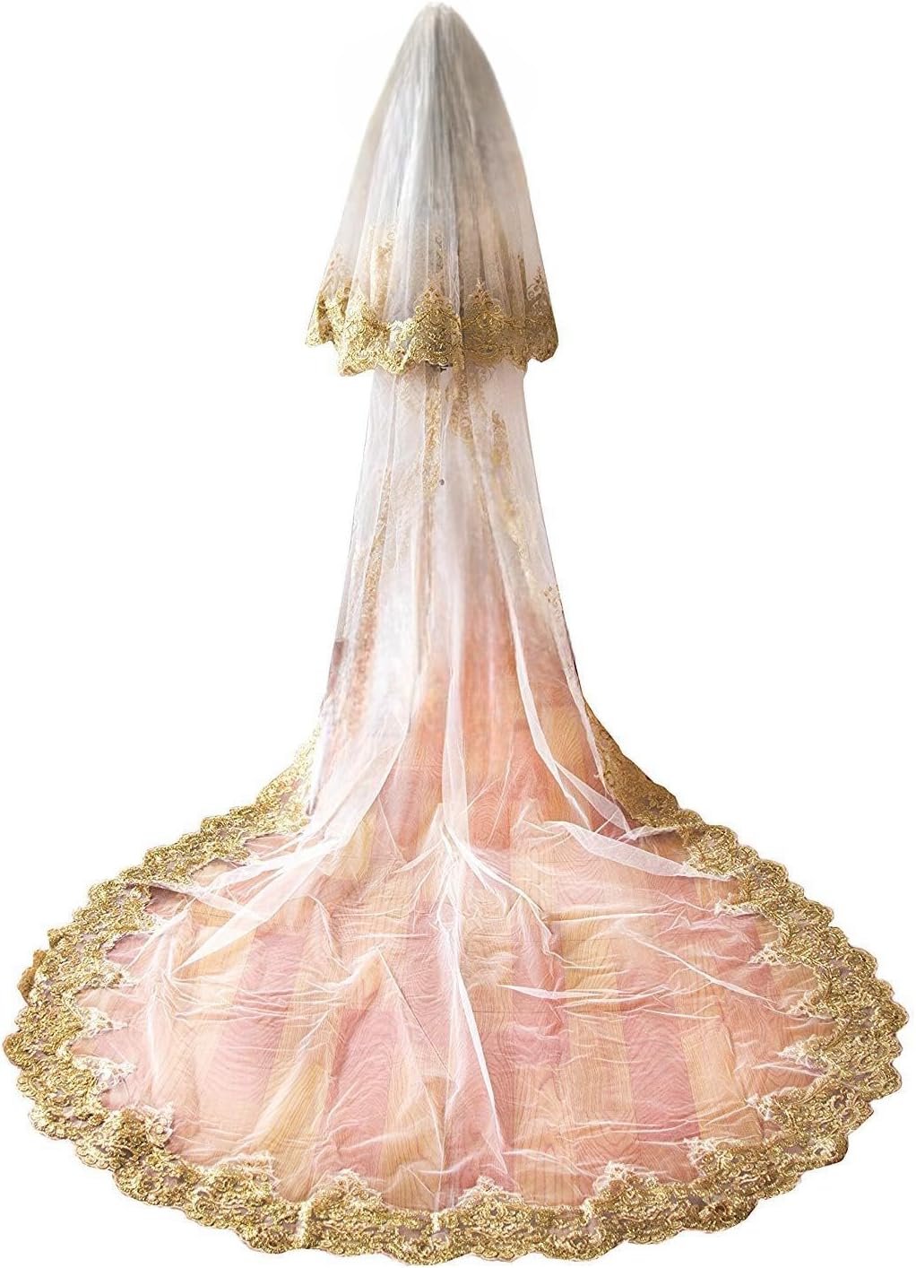 Gold Lace 2 Tiers Bridal Wedding Veil With Comb Long Cathedral Veil