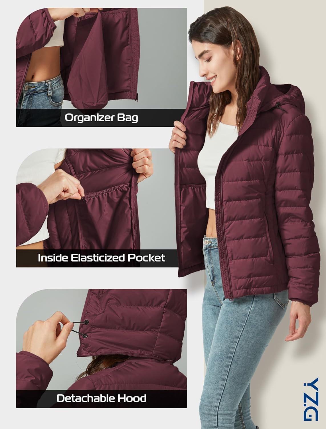 YZG Down Jacket for Women Lightweight Long Sleeve Quilted Puffer Coat with Detachable Hooded - Image 5