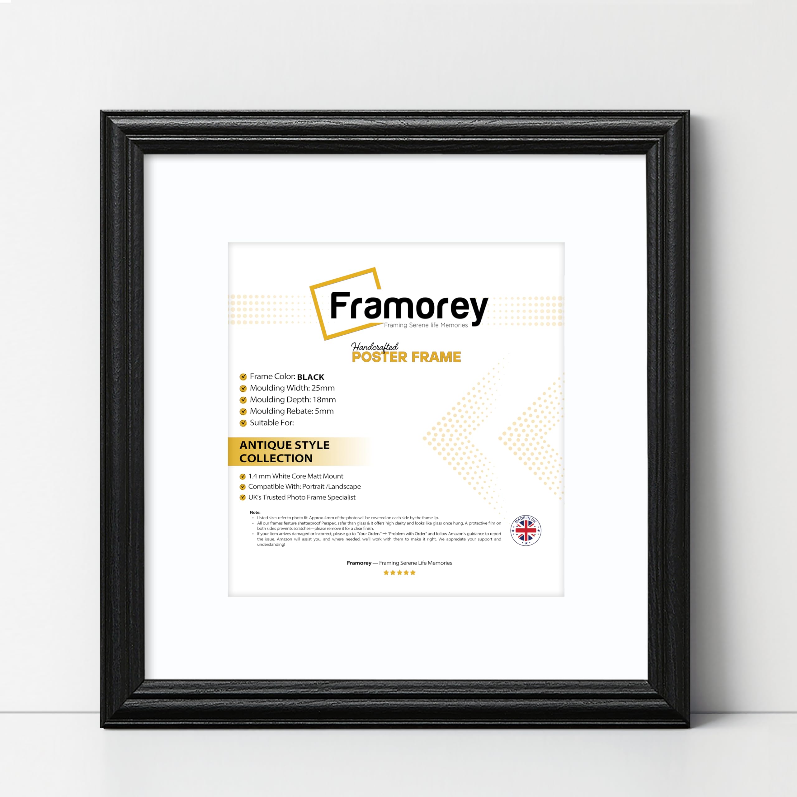 FRAMOREY Square Photo Frames, 11x11" Size Black Picture Frame With 9x9" Size White Mount, LW Antique Style Home Wall Decor Frame, Wall Hanging Art Poster Frame, MDF Wood Frames
