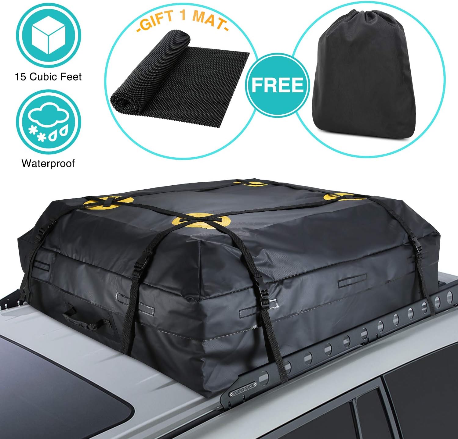 MODOKIT Car Cargo Roof Bag Bundle- 100% Waterproof Roof Top Cargo Bag for Vehicles with Rack Crossbars + Non Slip Protective Roof Mat & Storage Bag, Heavy Duty Roof Cargo Bag 15 Cubic Ft(44" 34" 17")