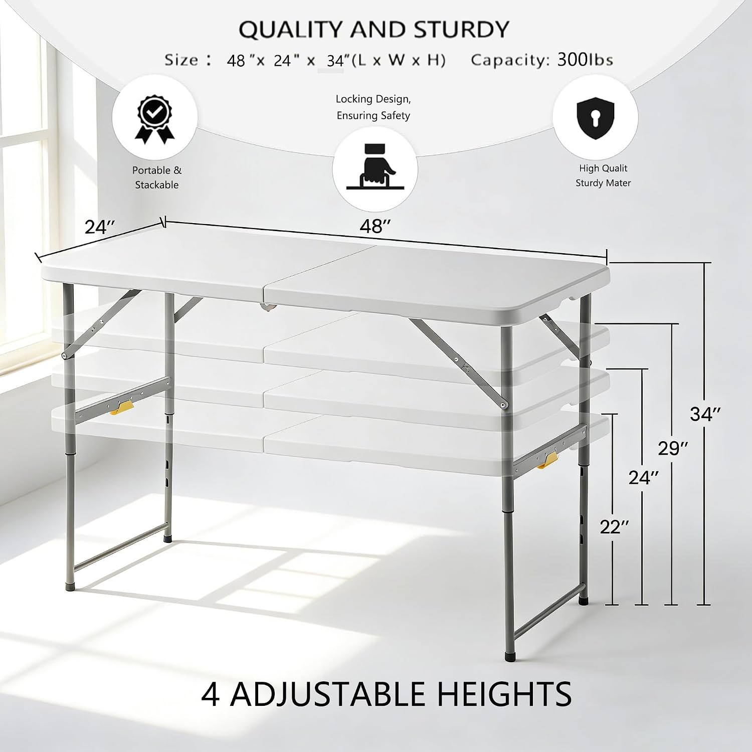 4FT Heavy Duty Folding Table, Fold-in-Half Portable Plastic Utility Table with Carry Handle & Adjustable Height Locking Legs, Indoor Outdoor Table for Watch Party, BBQ, Picnic, Camping, Events, Dining