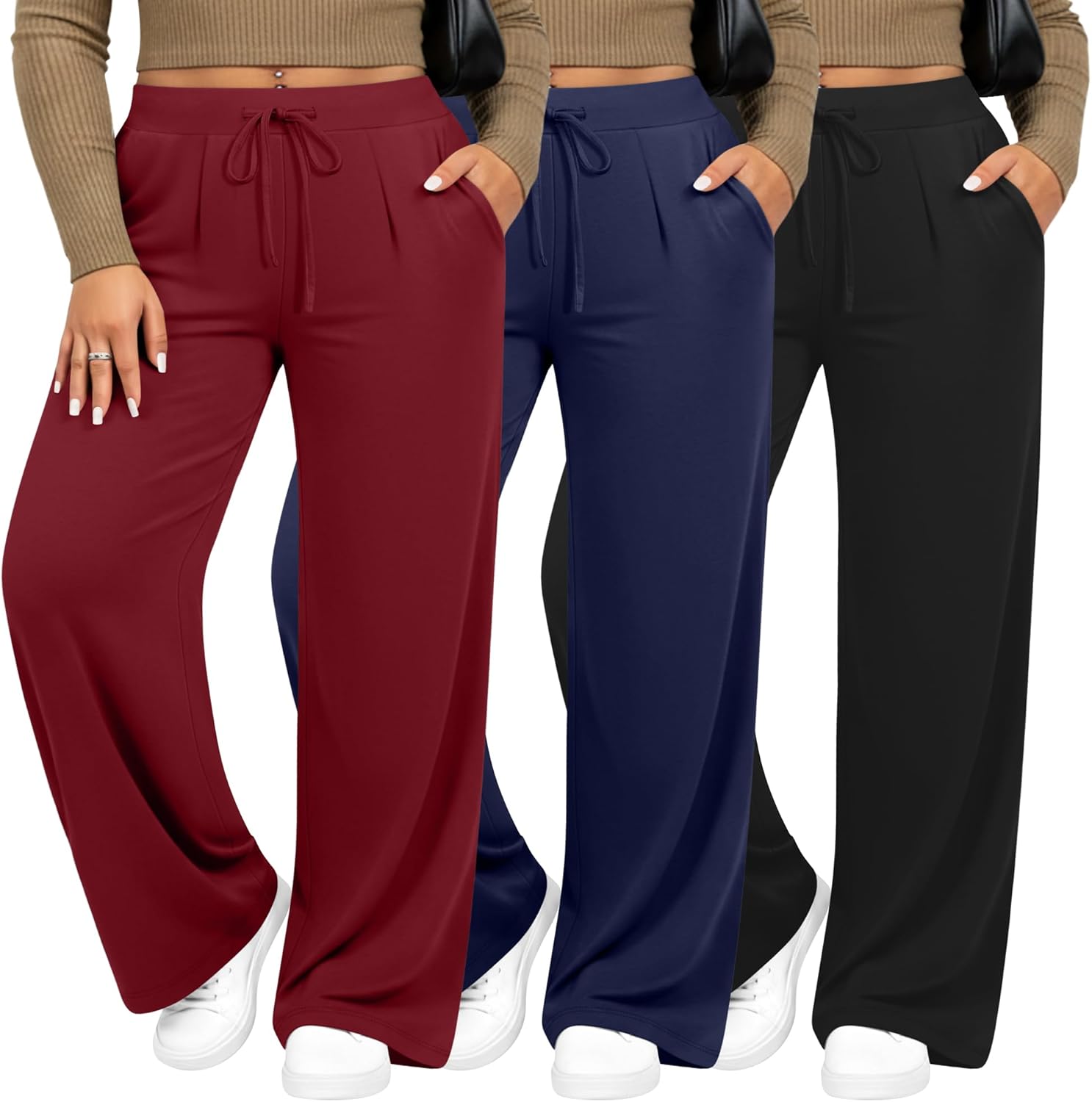 Evervibe 3 Pack Women's Plus Size Wide Leg Yoga Pants, Drawstring Lounge Sweatpants Loose Casual Workout Pants with Pockets