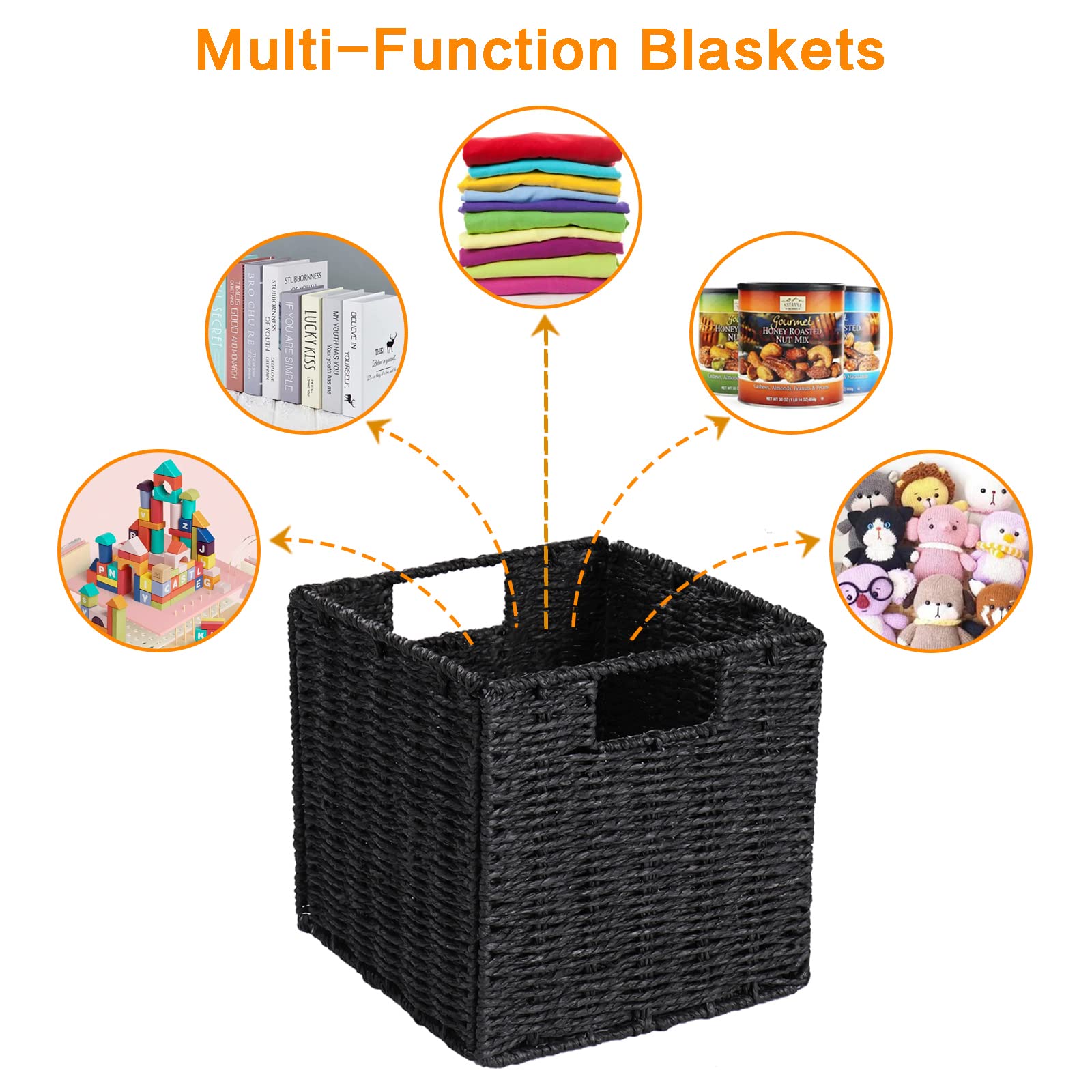 Aufbewahrungskorb geflochten, dekorativer Korb Geflochten mit Griffen, Faltbare Aufbewahrungsbox für Regal, Badezimmer, Wohnzimmer, Groß Körbe Aufbewahrung, 2er Set, 33 x 33 x 33 cm, Schwarz
