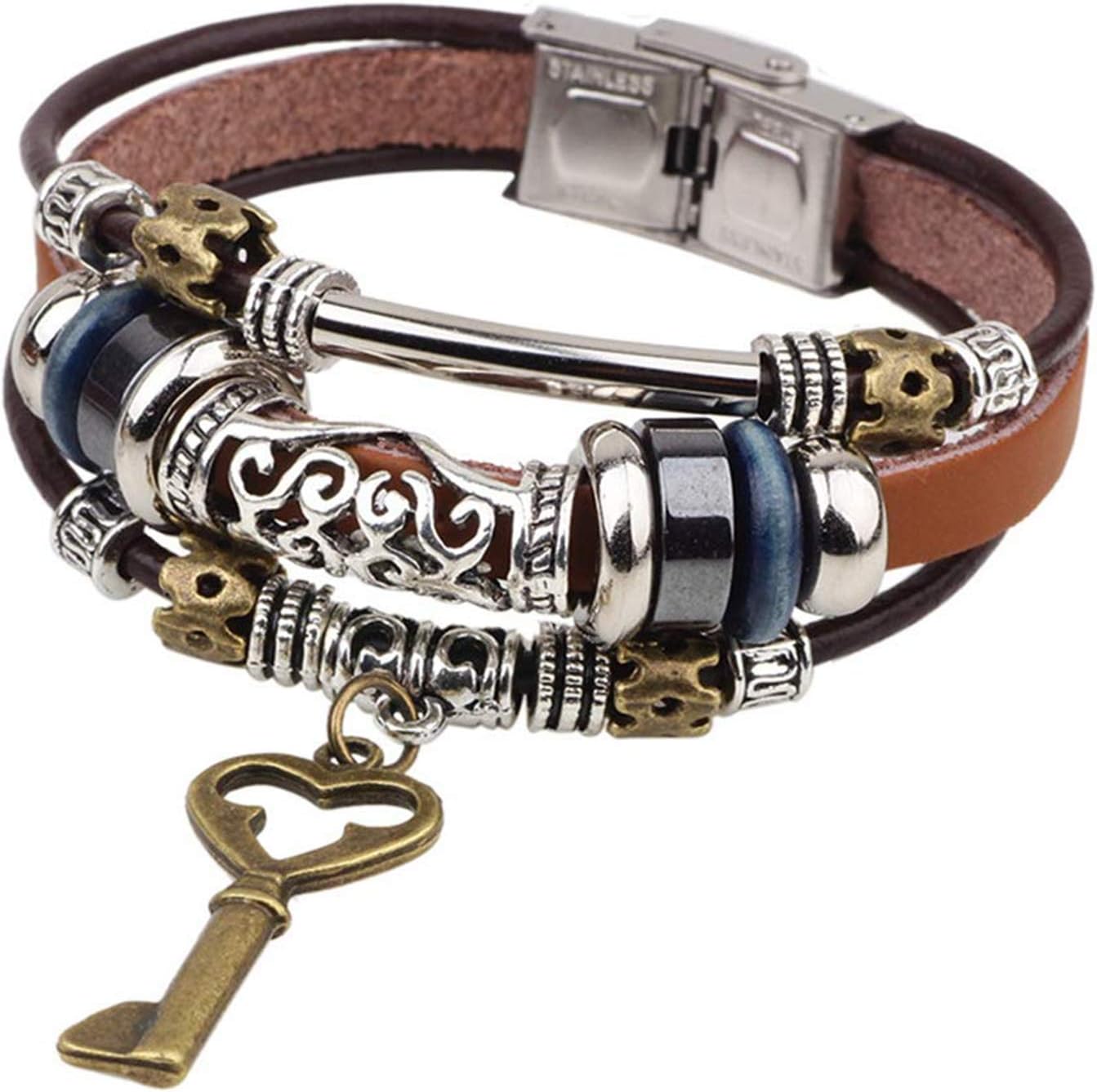MALOYANVE Bohemian Leather Bracelets for Men and Women Vintage Punk Alloy Butterfly Key Adjustable Beaded Wrap Multilayer Braided Cuff Bangles Wristband Wrist Decor Bracelet