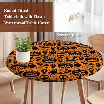 Halloween Round Tablecloth 45-54 Inch Round Fitted Table Cloth with Elastic Edge, Spooky Pumpkin Fall Horror Skull Bones Ghost Waterproof Table Cover Protector for Outdoor Picnic Party Dining