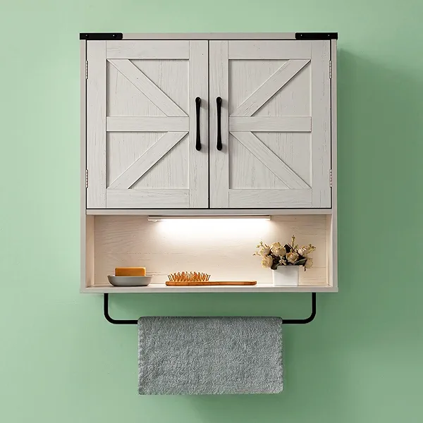 OONNEE Bathroom Wall Cabinet Over Toilet 24x24 Inch Farmhouse Medicine Cabinet with Towel Bar, 2 Door, Motion Sensor Light & Adjustable Shelves, White Above Toilet Storage for Laundry or Kitchen