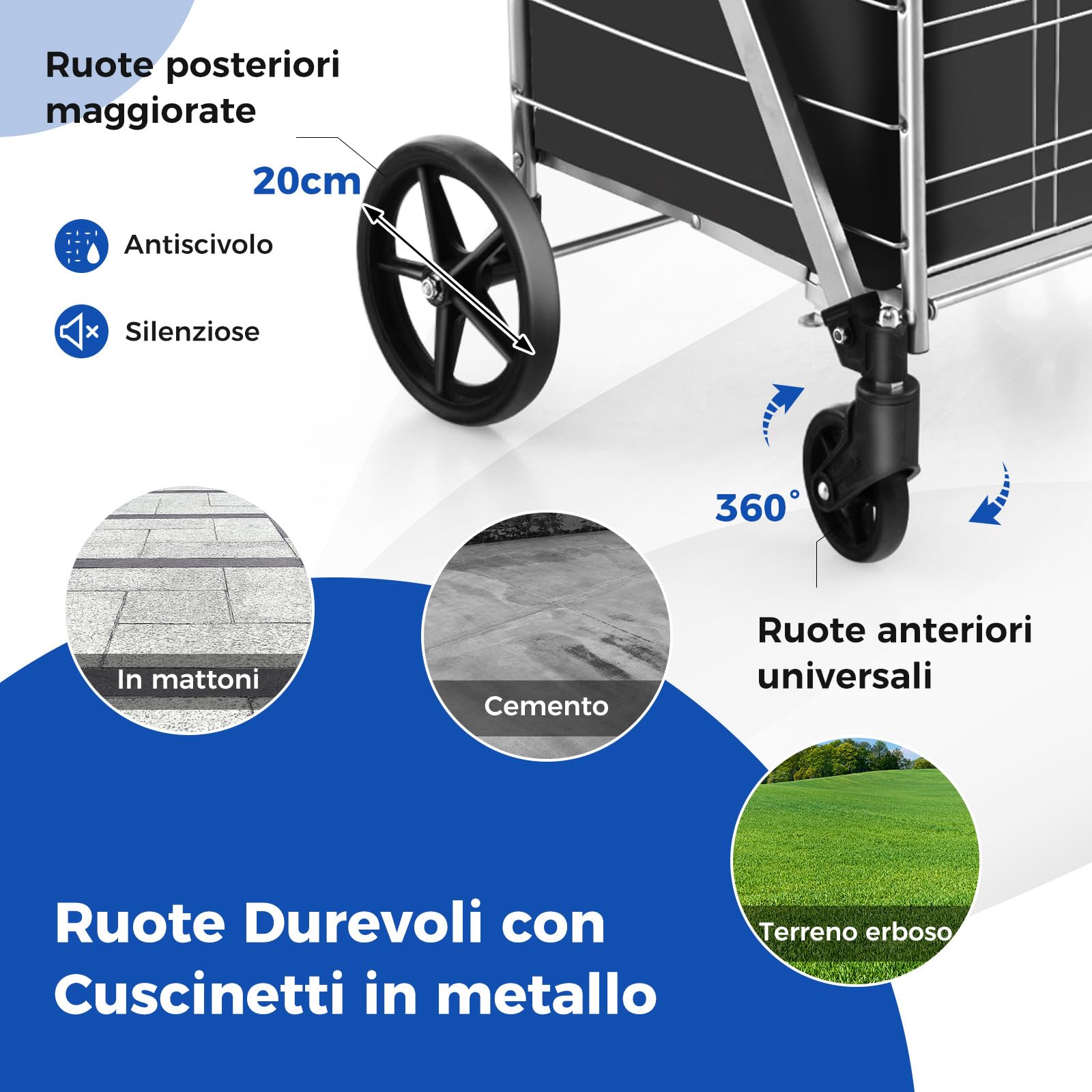 COSTWAY Carrello Portaspesa Pieghevole con Sacca, Carrello della Spesa Pieghevole con Ruote Girevoli a 360°, 2 Cesti, Capacità di Carico: 150 kg, 126 L, 66 x 64 x 103 cm (Argento)